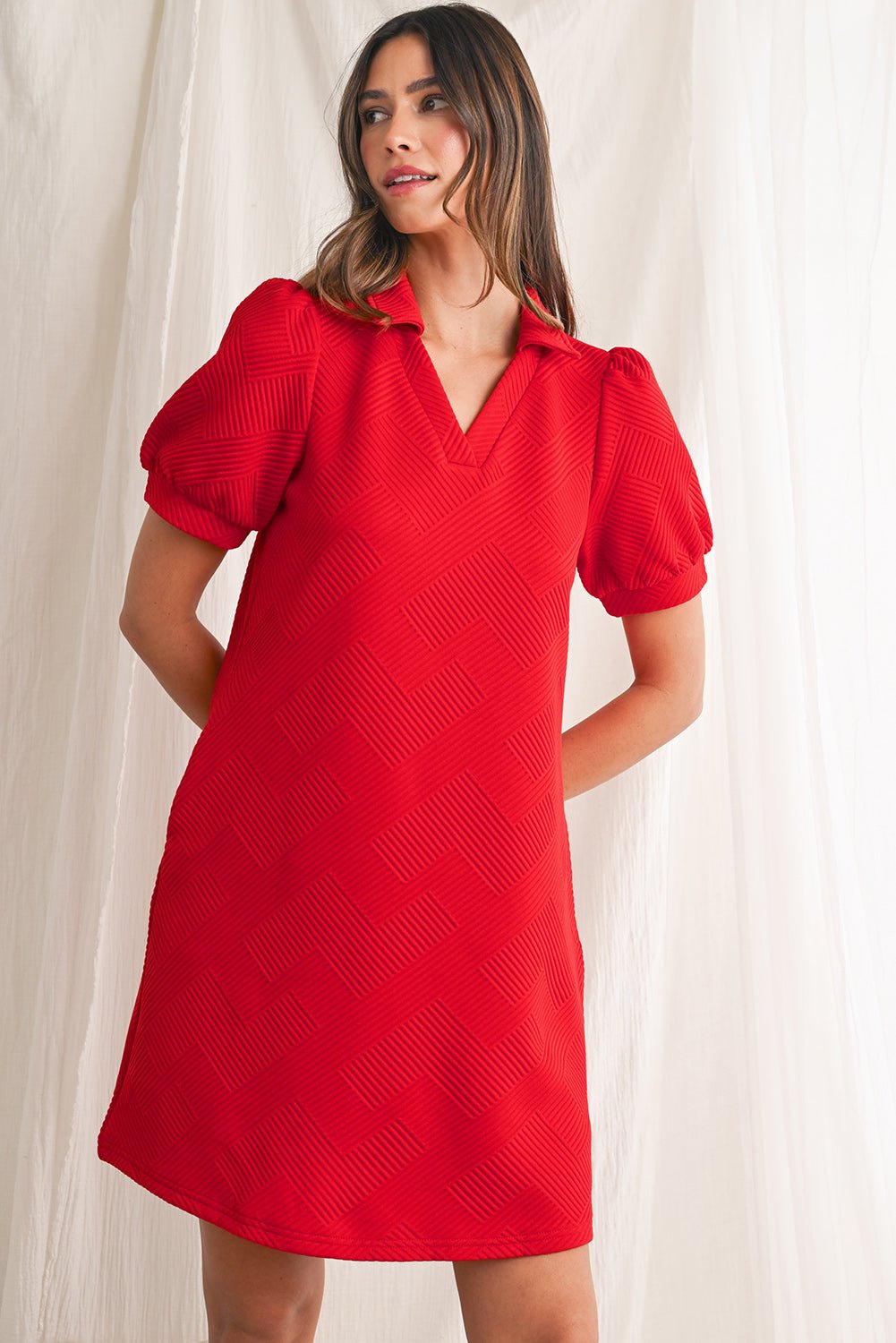 Fiery Red V Neck Puff Sleeve Textured Mini Dress - MAD RUFFI