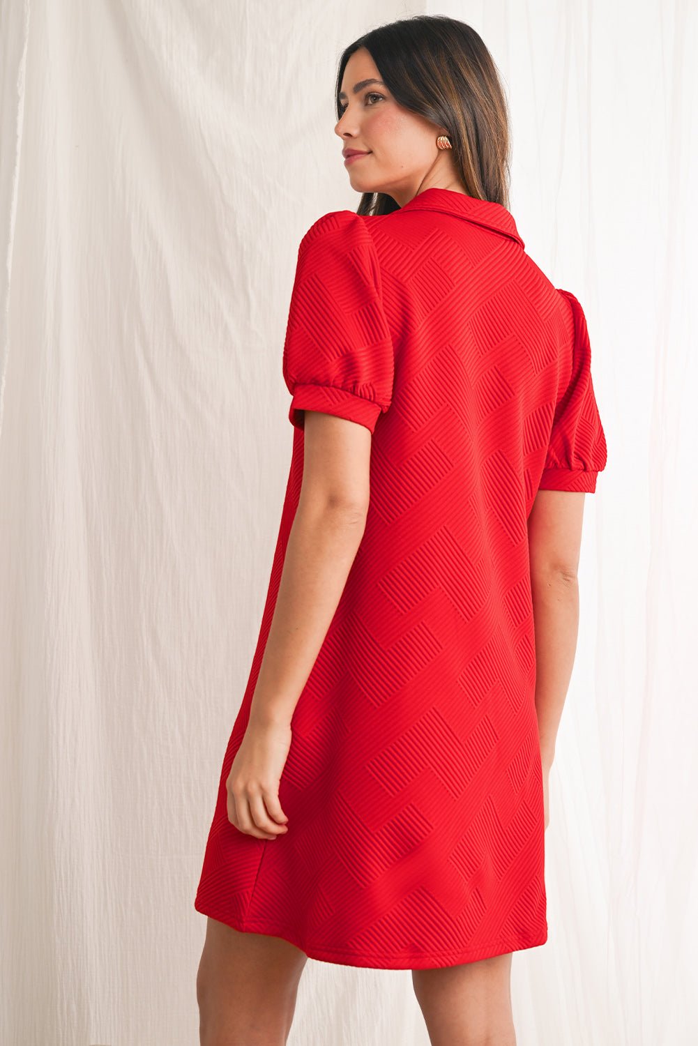 Fiery Red V Neck Puff Sleeve Textured Mini Dress - MAD RUFFI