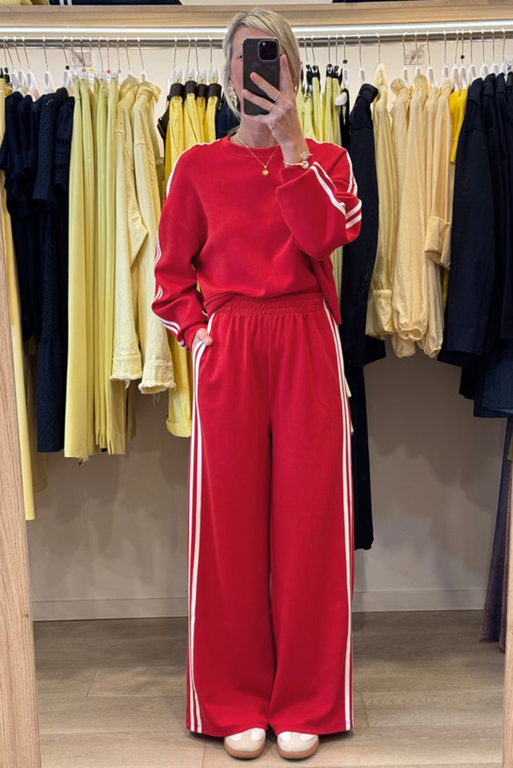 Fiery Red Varsity Striped Detail Cropped Pullover Wide Leg Pants 2pcs Outfit - MAD RUFFI