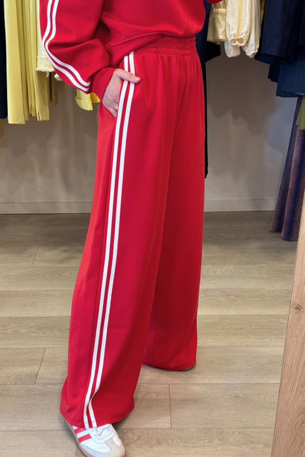 Fiery Red Varsity Striped Detail Cropped Pullover Wide Leg Pants 2pcs Outfit - MAD RUFFI