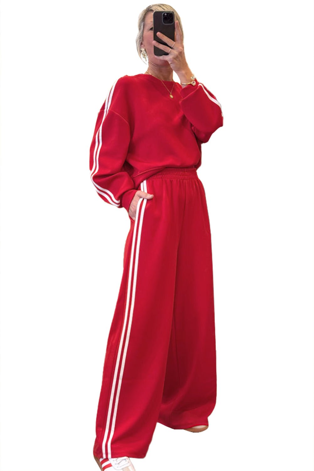 Fiery Red Varsity Striped Detail Cropped Pullover Wide Leg Pants 2pcs Outfit - MAD RUFFI