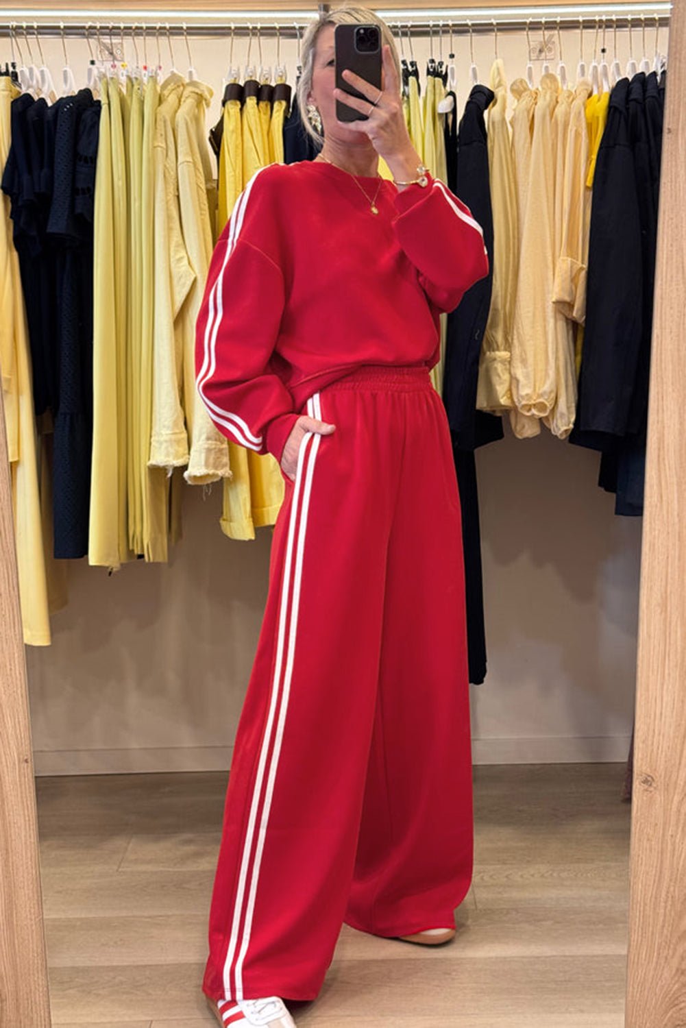 Fiery Red Varsity Striped Detail Cropped Pullover Wide Leg Pants 2pcs Outfit - MAD RUFFI