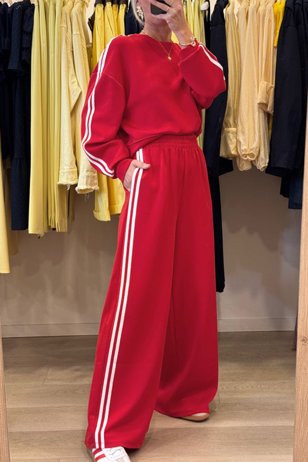 Fiery Red Varsity Striped Detail Cropped Pullover Wide Leg Pants 2pcs Outfit - MAD RUFFI