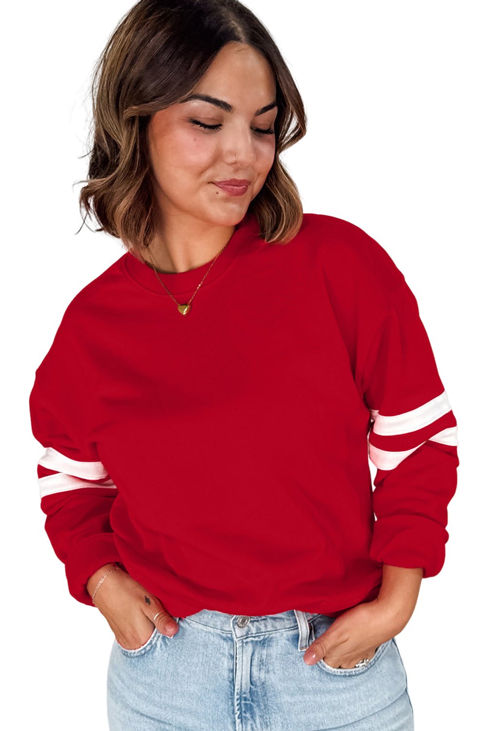 Fiery Red Varsity Striped Detail Plus Size Round Neck Sweatshirt - MAD RUFFI