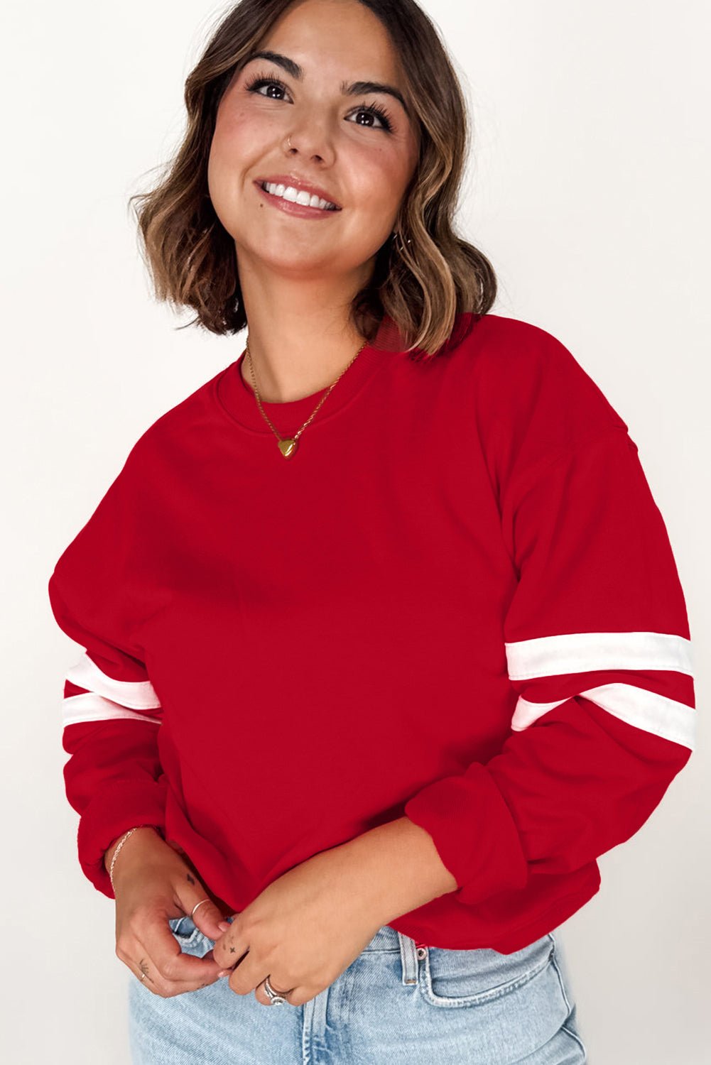 Fiery Red Varsity Striped Detail Plus Size Round Neck Sweatshirt - MAD RUFFI