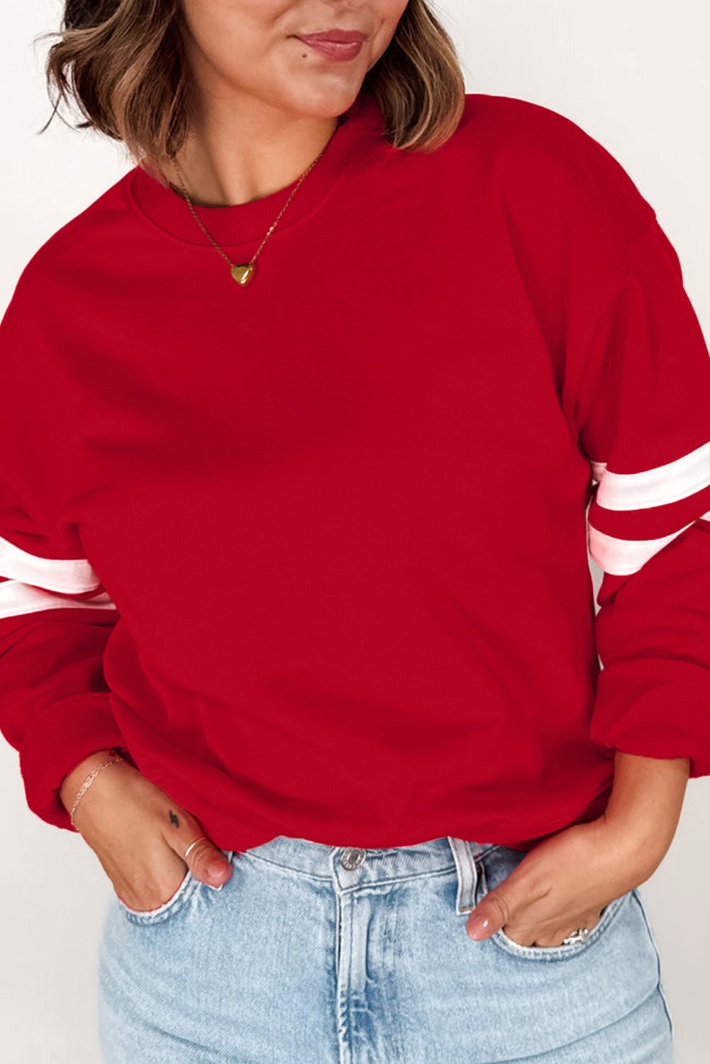 Fiery Red Varsity Striped Detail Plus Size Round Neck Sweatshirt - MAD RUFFI