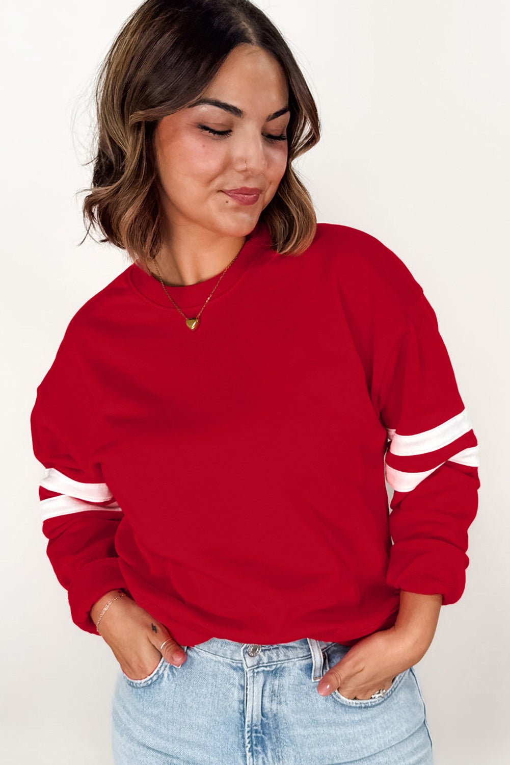 Fiery Red Varsity Striped Detail Plus Size Round Neck Sweatshirt - MAD RUFFI