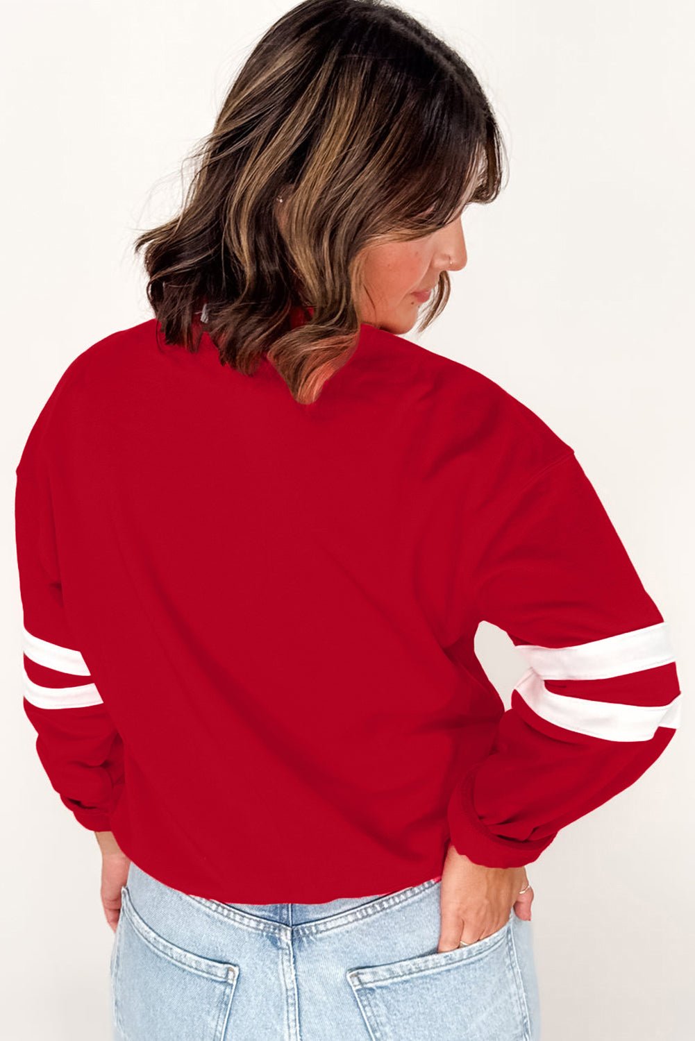 Fiery Red Varsity Striped Detail Plus Size Round Neck Sweatshirt - MAD RUFFI