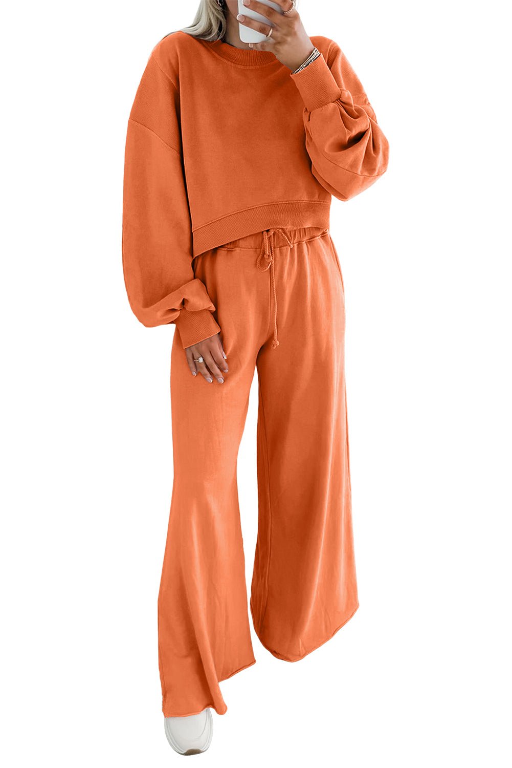 Flamingo Drop Shoulder Crop Pullover Drawstring Wide Leg Pants Set - MAD RUFFI