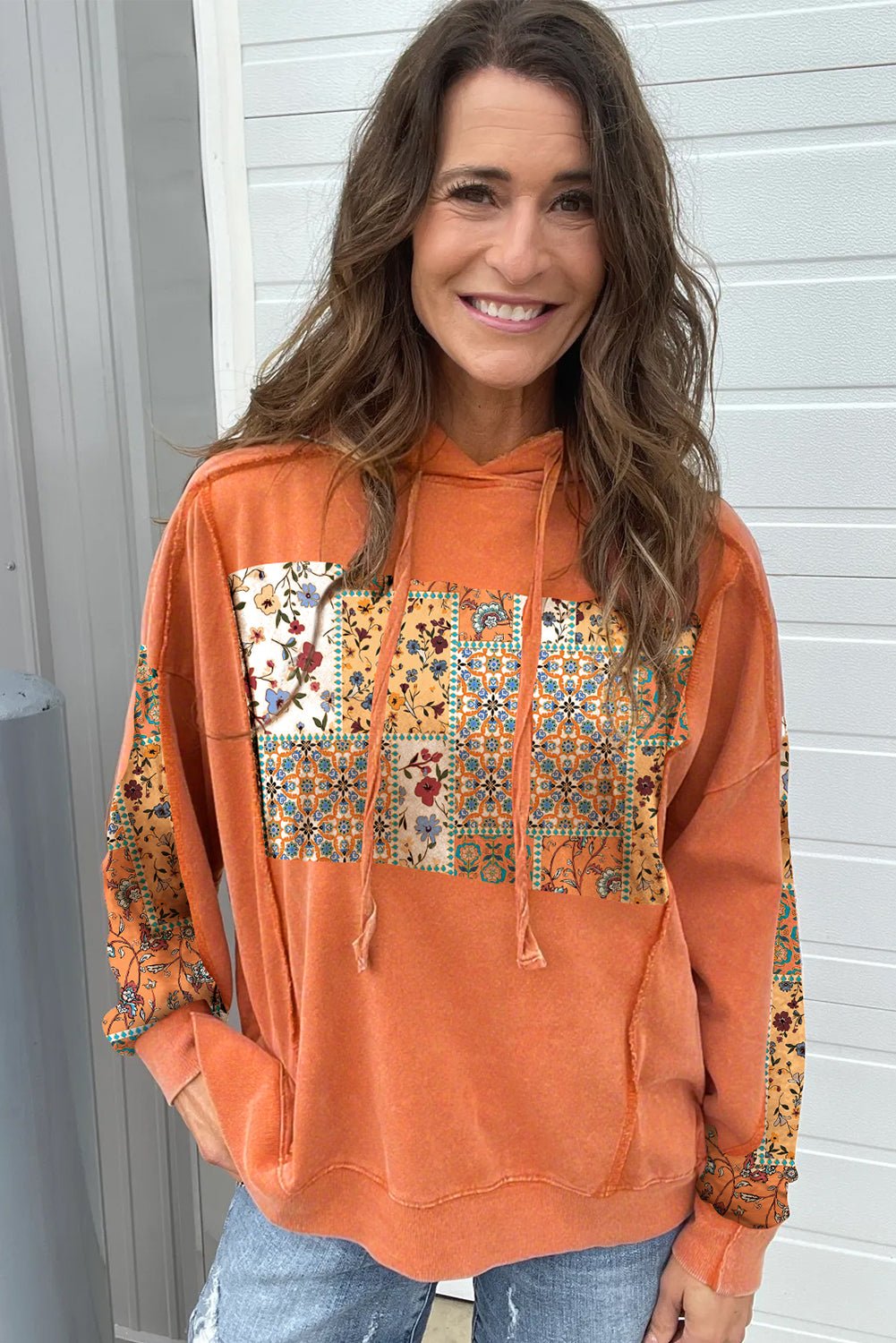 Flamingo Mix Floral Patchwork Side Slit Drawstring Hoodie - MAD RUFFI