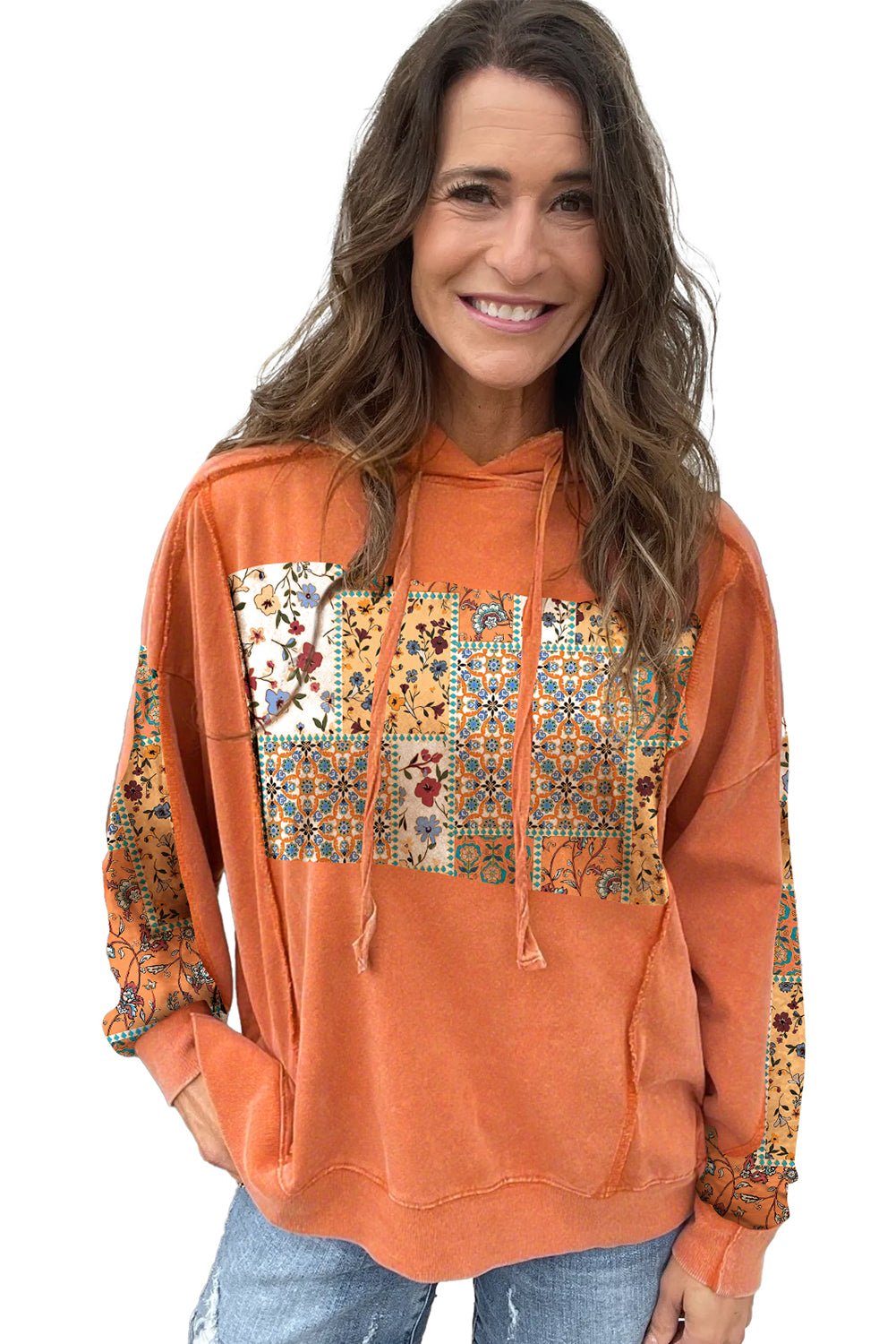 Flamingo Mix Floral Patchwork Side Slit Drawstring Hoodie - MAD RUFFI