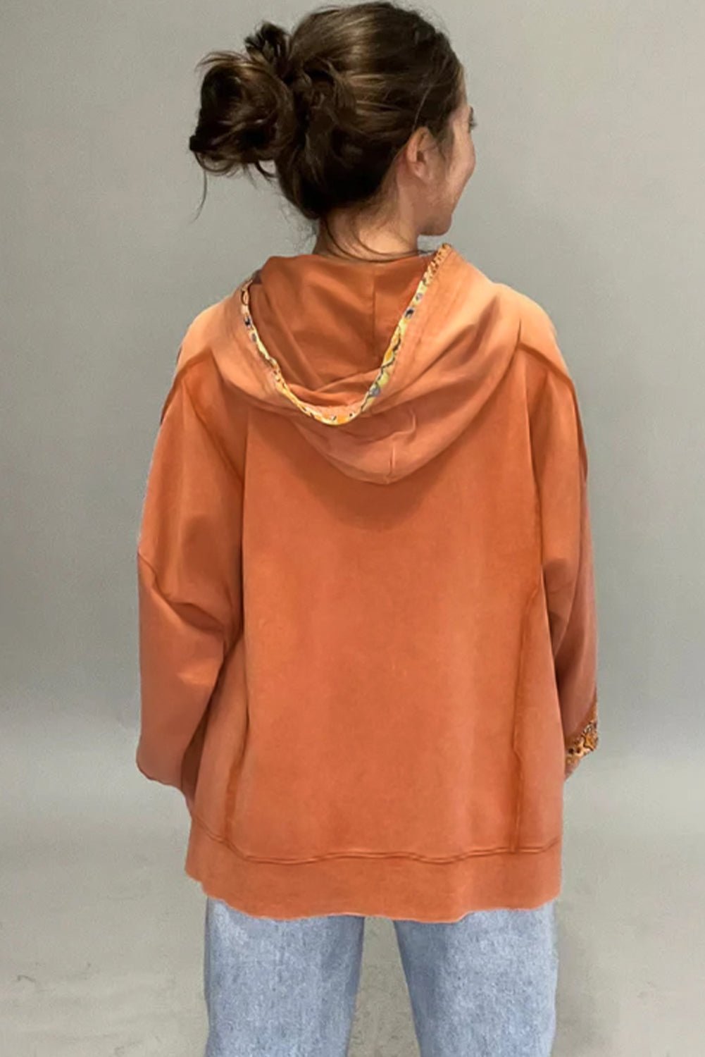 Flamingo Mix Floral Patchwork Side Slit Drawstring Hoodie - MAD RUFFI