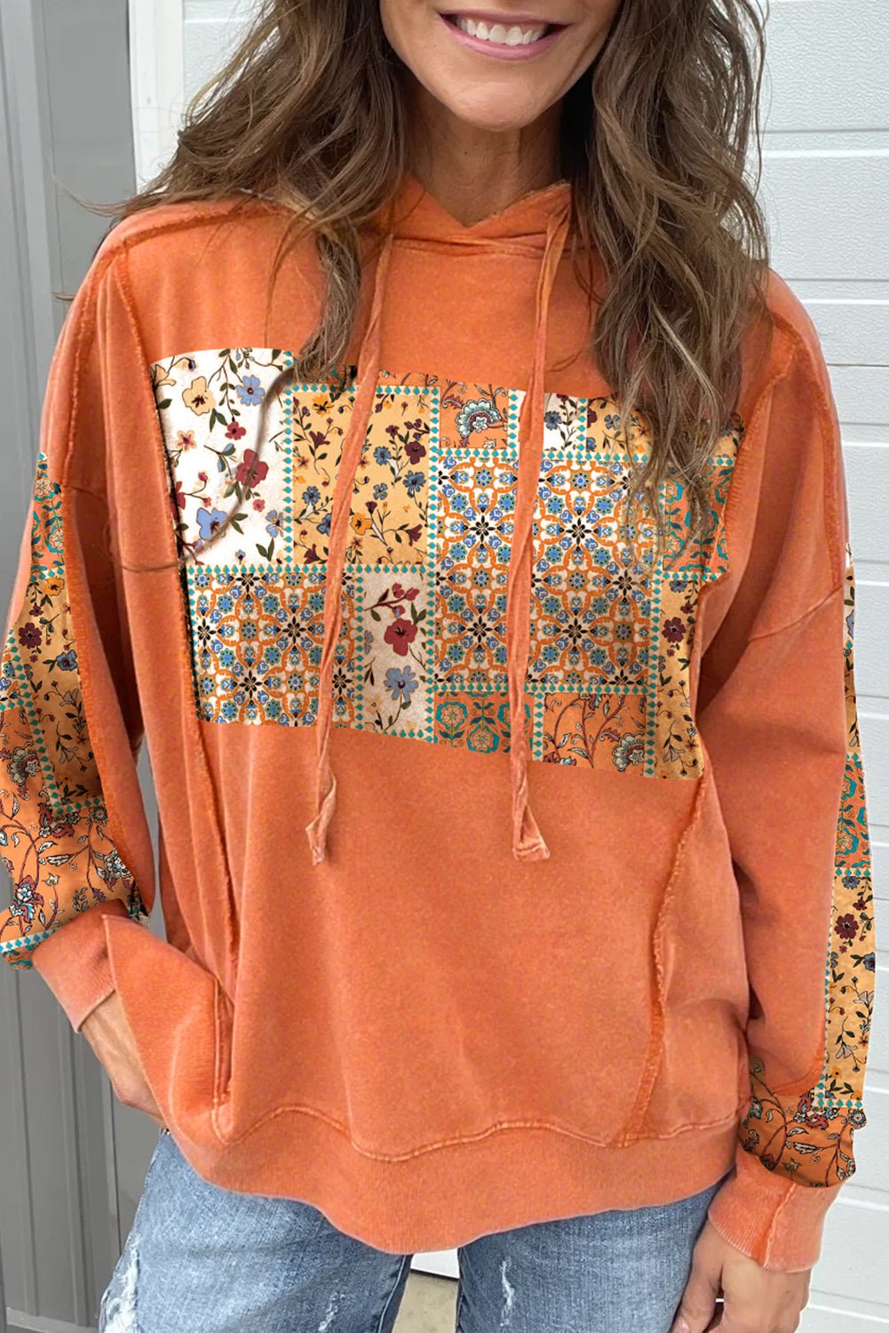 Flamingo Mix Floral Patchwork Side Slit Drawstring Hoodie - MAD RUFFI