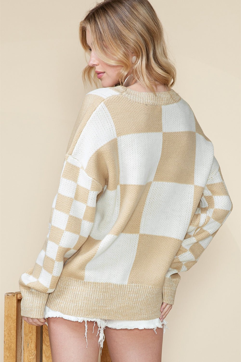 Flaxen Plaid Knitted Drop Shoulder Sweater - MAD RUFFI
