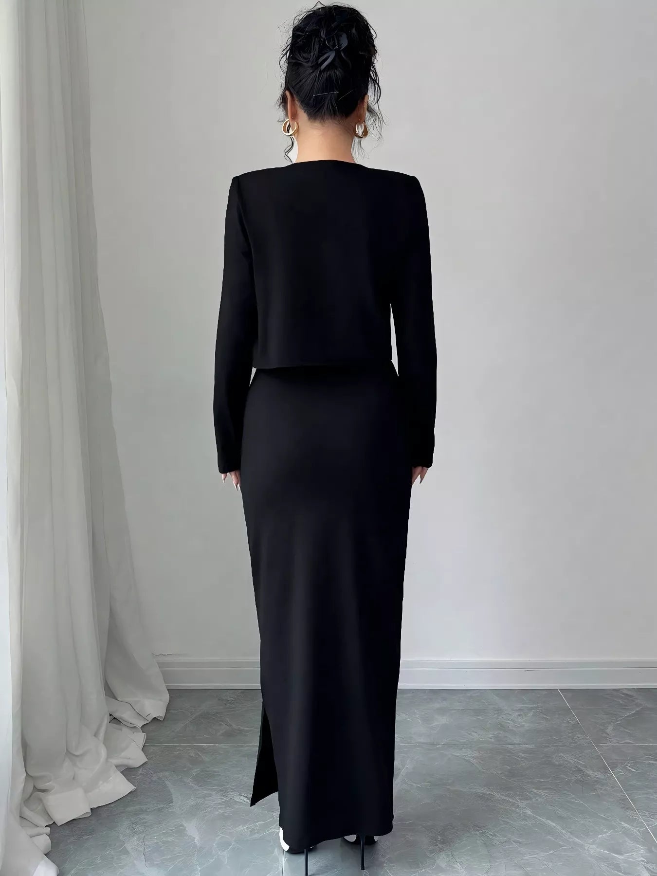 Floral Applique Cardigan & Bodycon Dress Set - MAD RUFFI