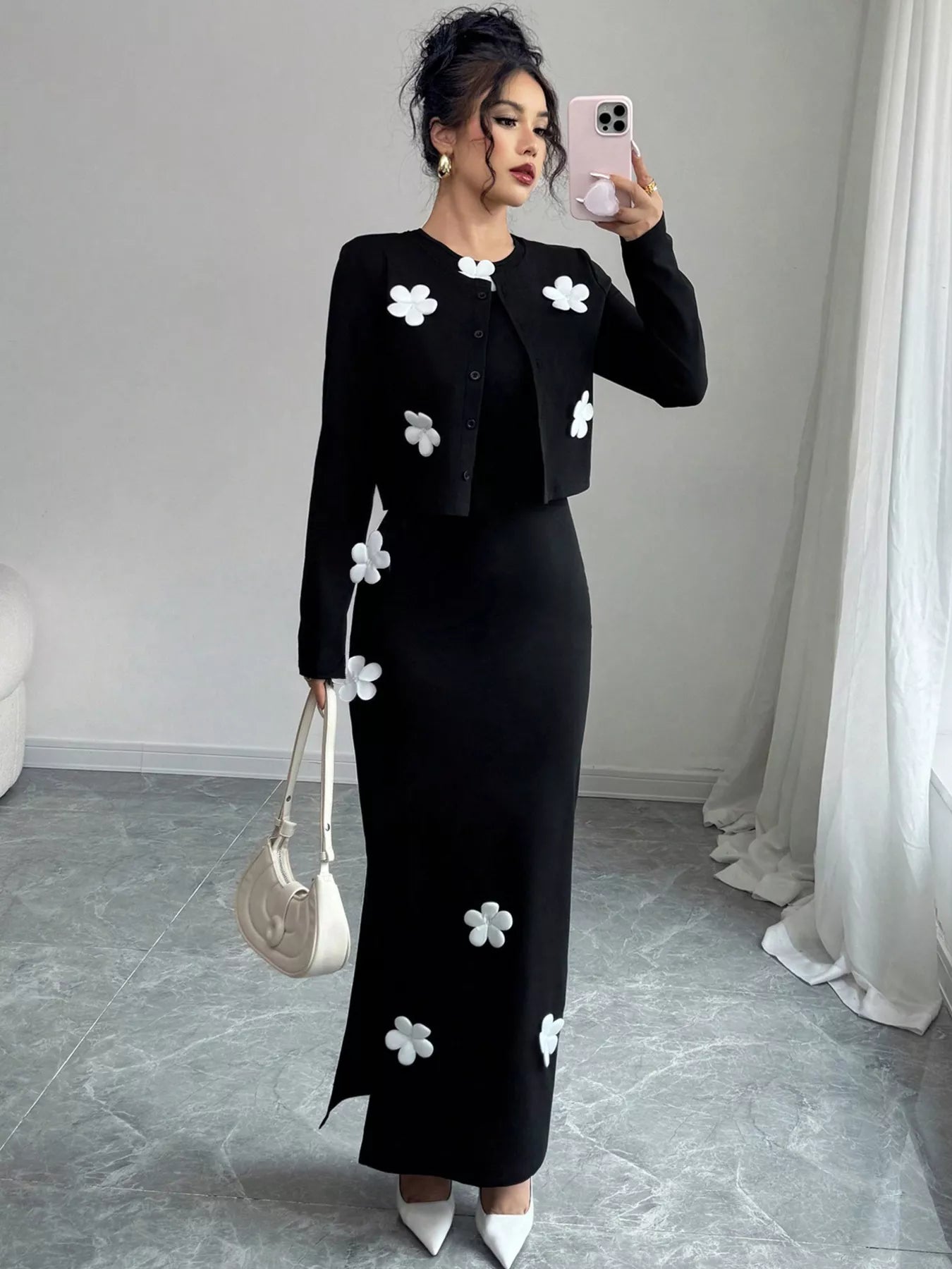 Floral Applique Cardigan & Bodycon Dress Set - MAD RUFFI