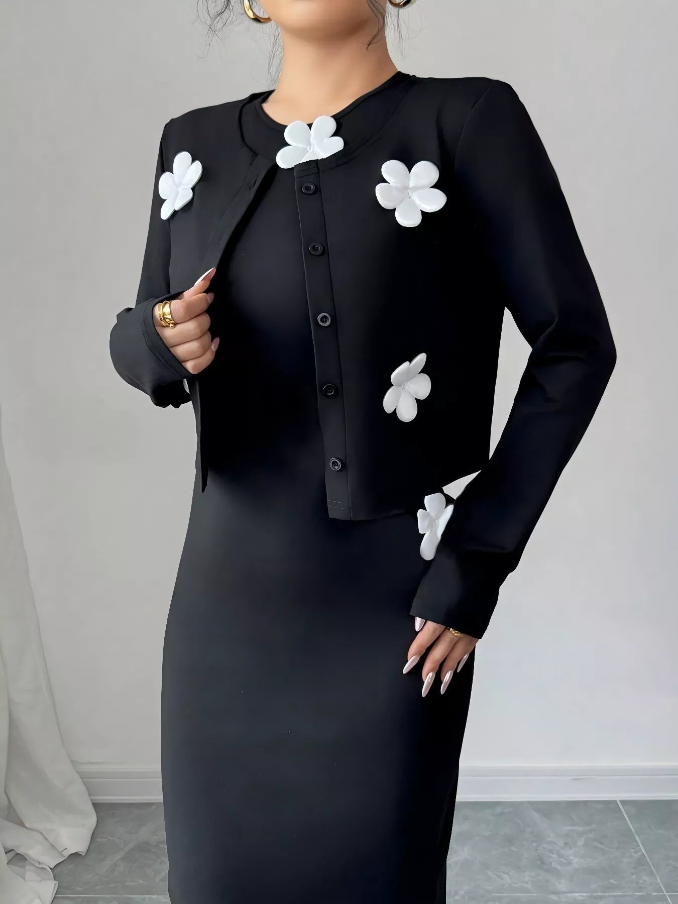 Floral Applique Cardigan & Bodycon Dress Set - MAD RUFFI