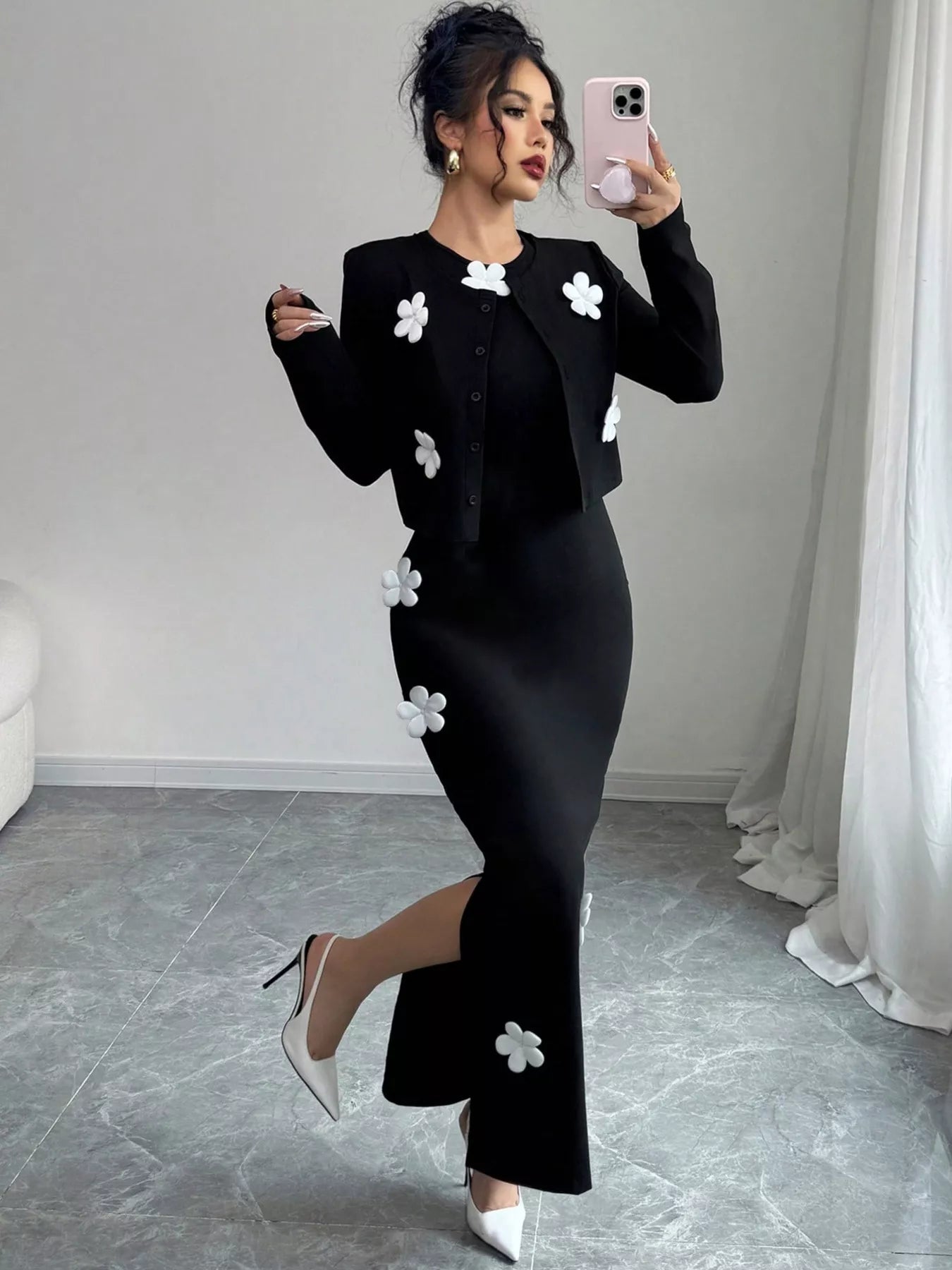 Floral Applique Cardigan & Bodycon Dress Set - MAD RUFFI