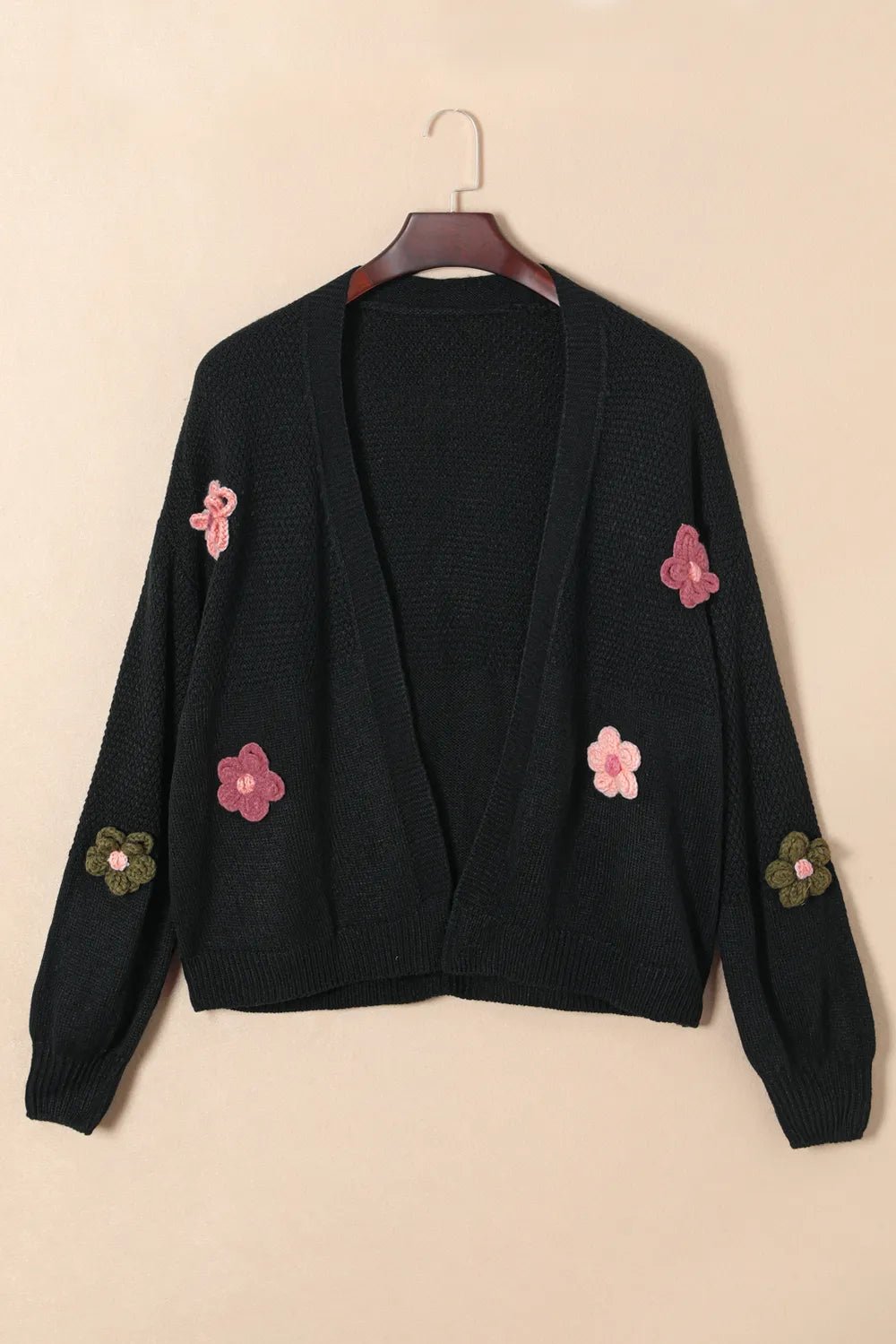 Floral Applique Drop Shoulder Open Front Cardigan - MAD RUFFI