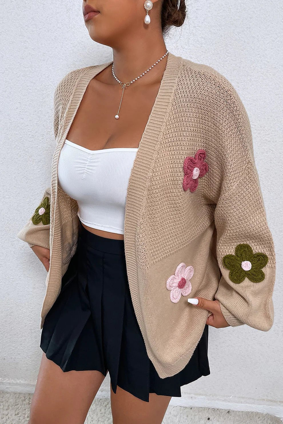 Floral Applique Drop Shoulder Open Front Cardigan - MAD RUFFI