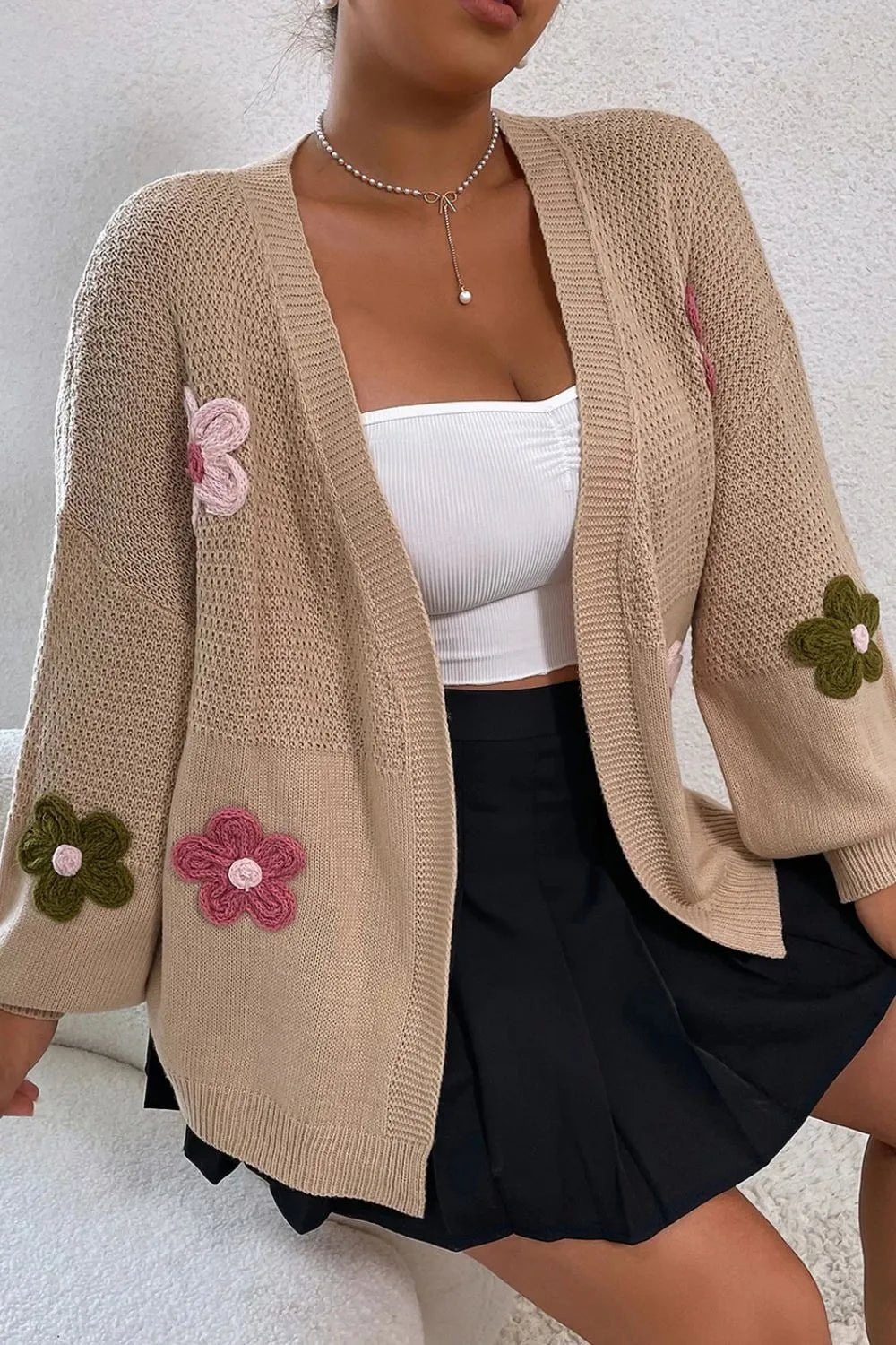 Floral Applique Drop Shoulder Open Front Cardigan - MAD RUFFI