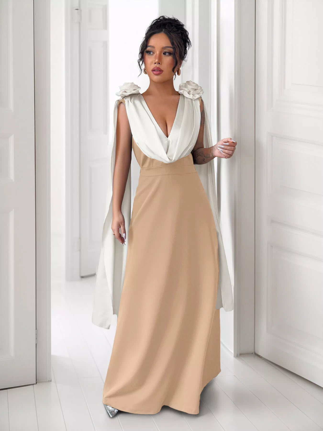 two tone maxi dress Floral Applique layer skirt with gauze channel--Manufactured Selena Lace Midi - Color:Blue Bird