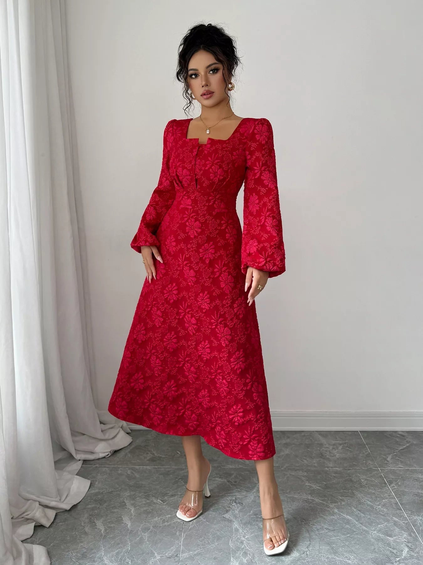 Floral Balloon Sleeve Midi Dress - MAD RUFFI