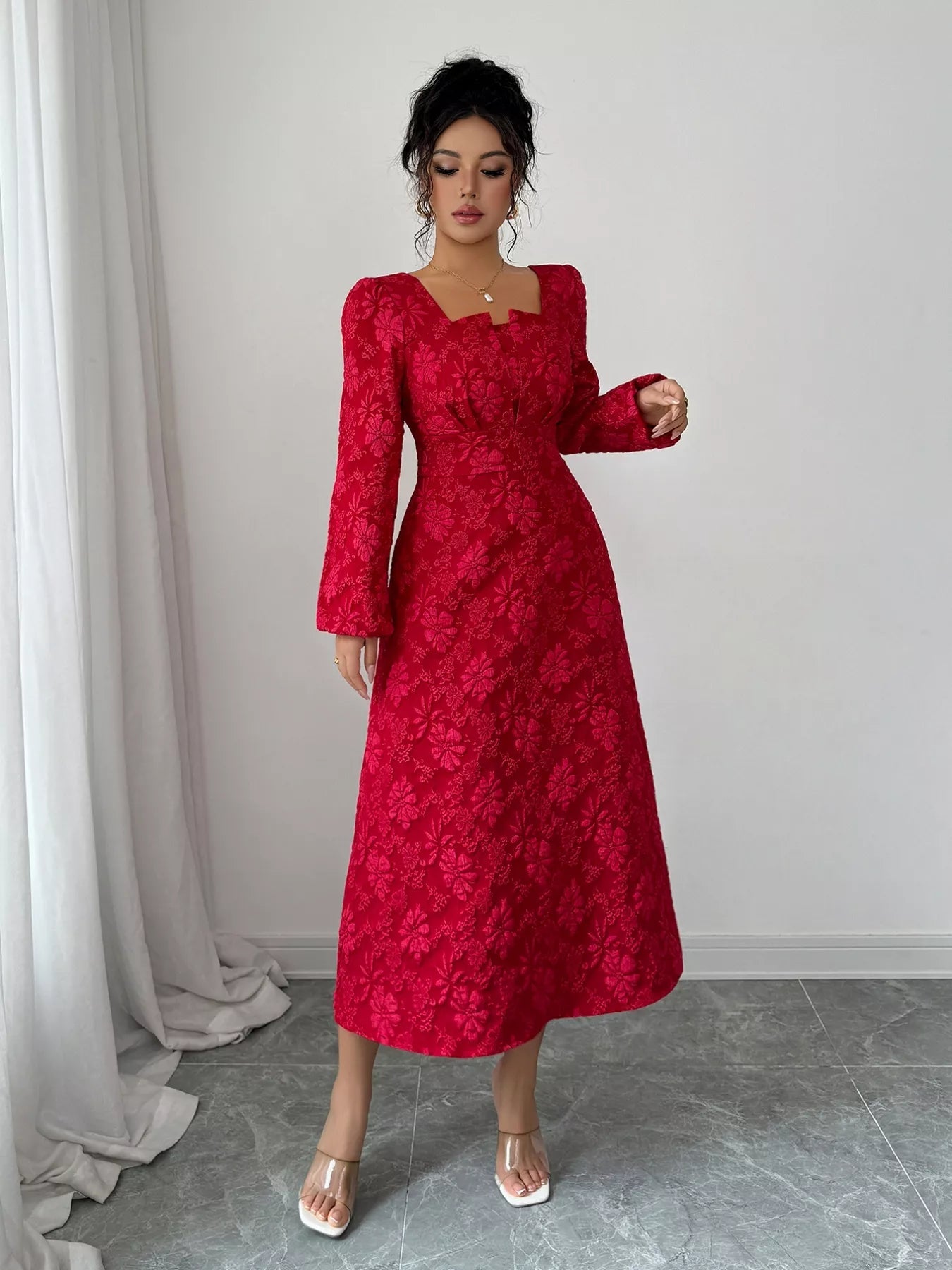 Floral Balloon Sleeve Midi Dress - MAD RUFFI