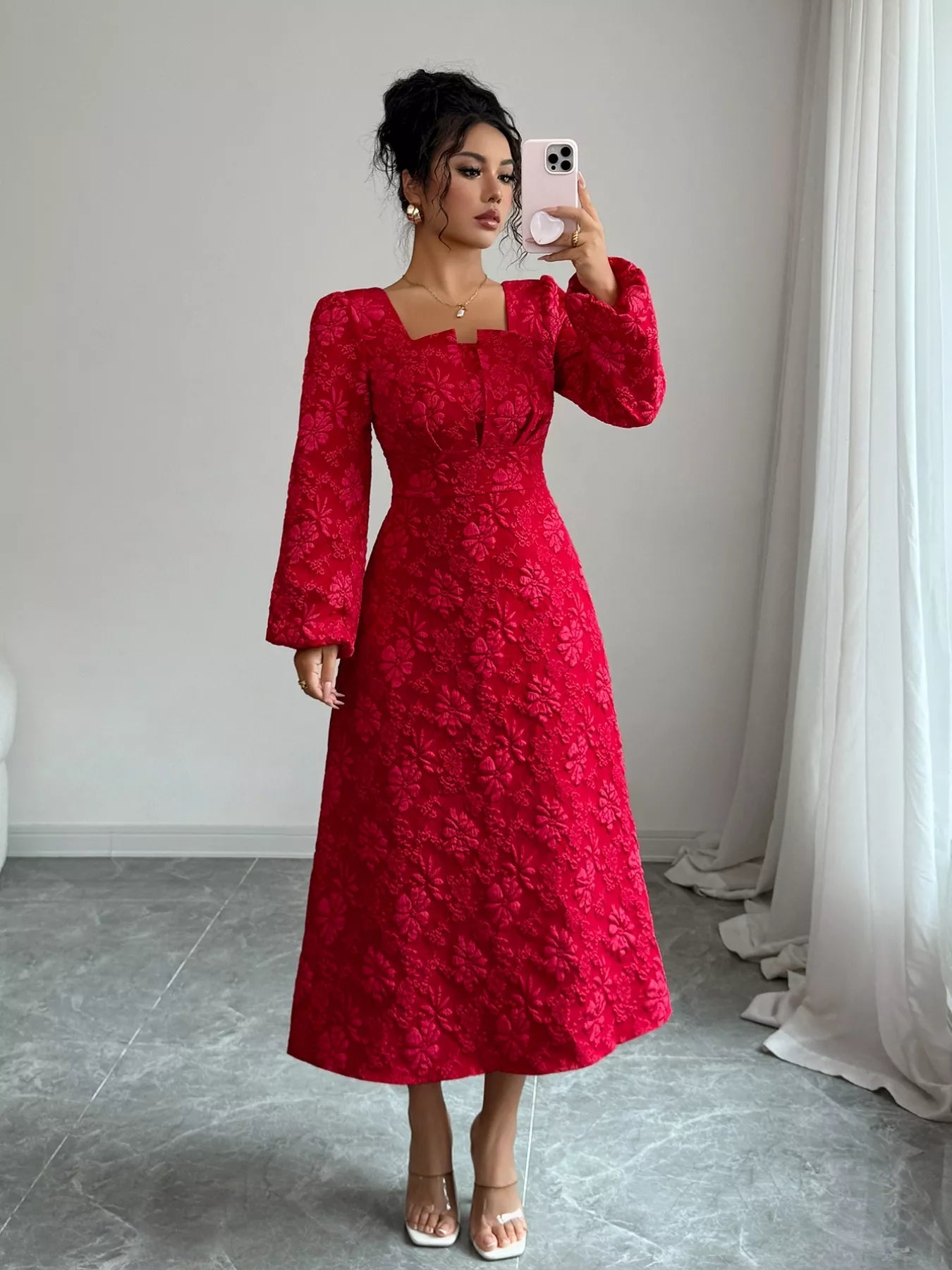 Floral Balloon Sleeve Midi Dress - MAD RUFFI