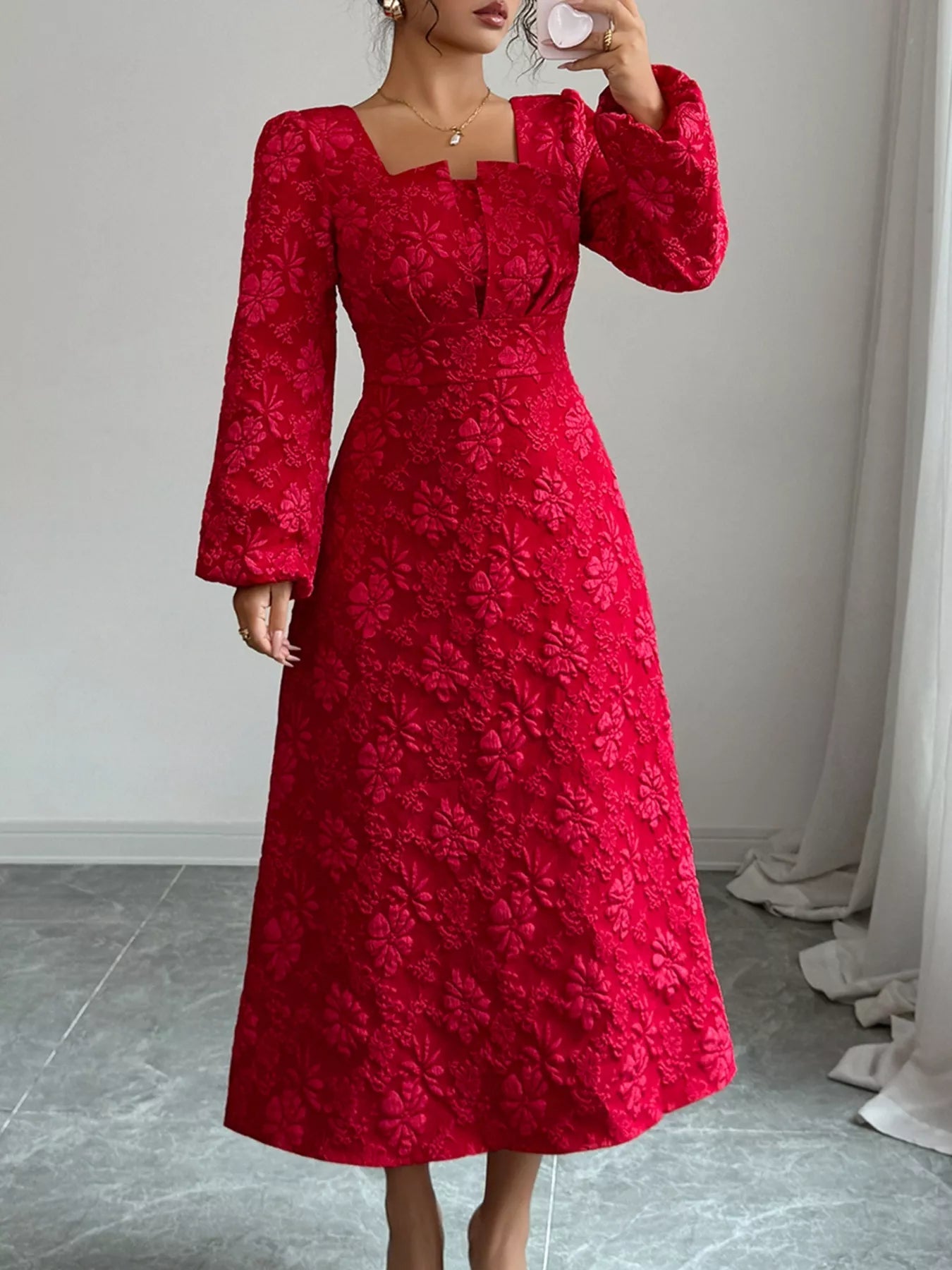 Floral Balloon Sleeve Midi Dress - MAD RUFFI