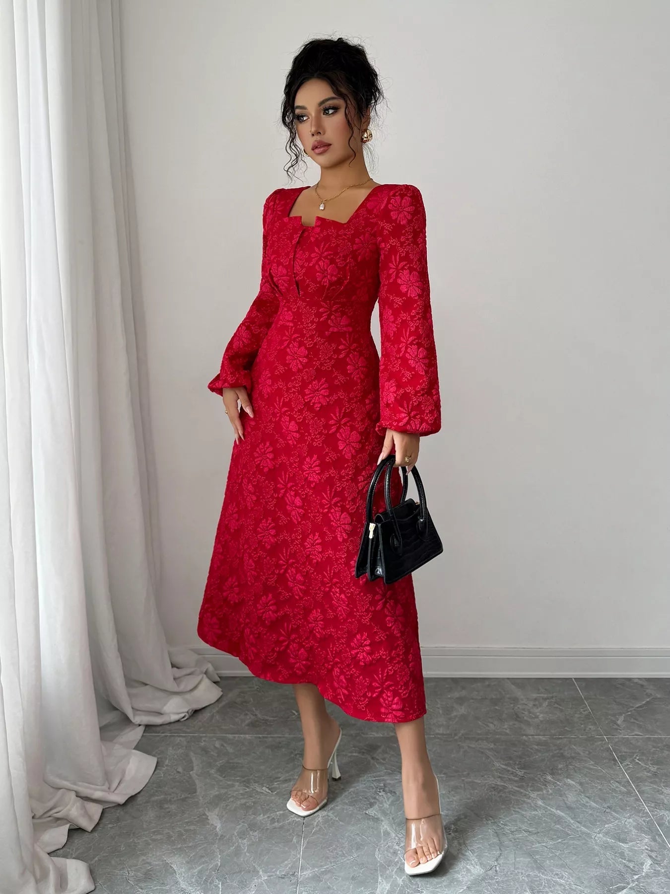 Floral Balloon Sleeve Midi Dress - MAD RUFFI