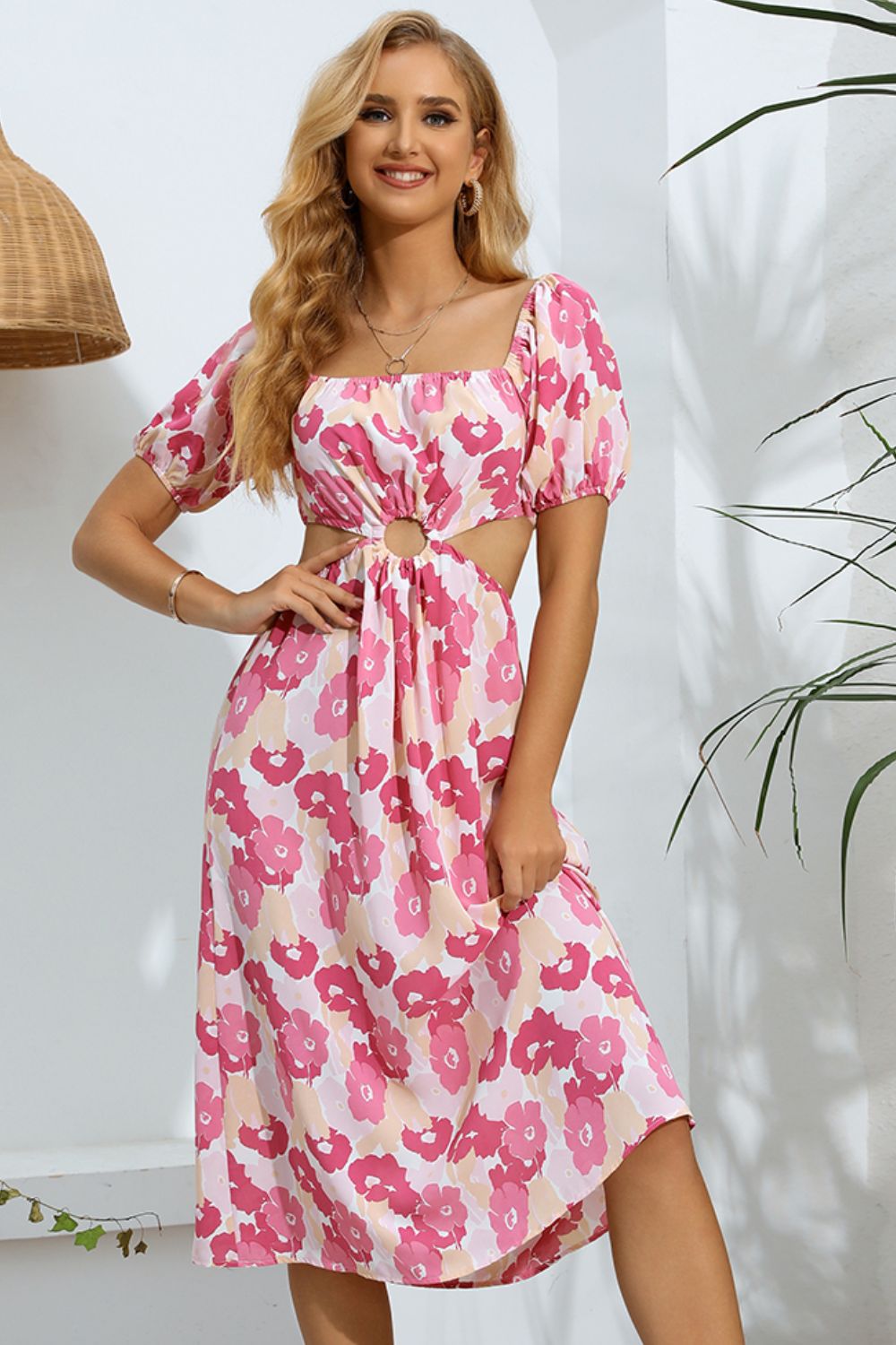 Floral Cutout Square Neck Puff Sleeve Dress - MAD RUFFI