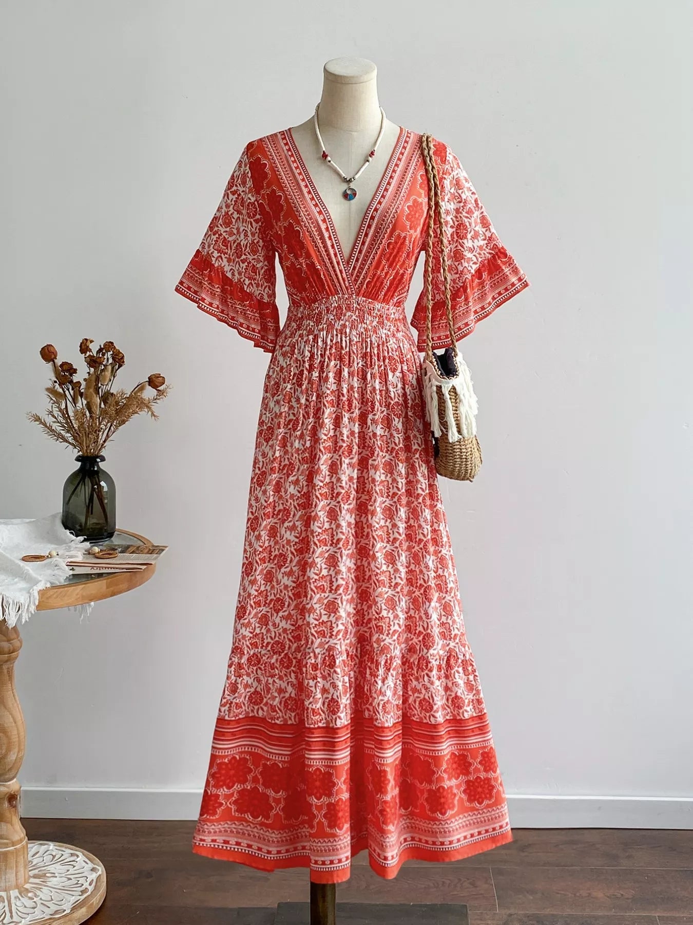 Floral Deep V - Neck Dress - MAD RUFFI