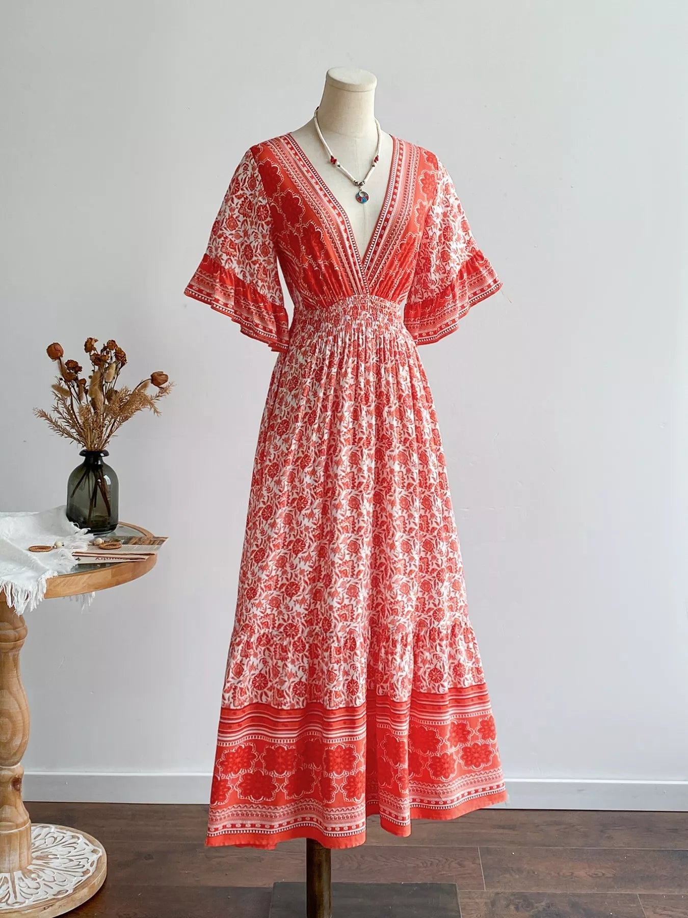 Floral Deep V - Neck Dress - MAD RUFFI