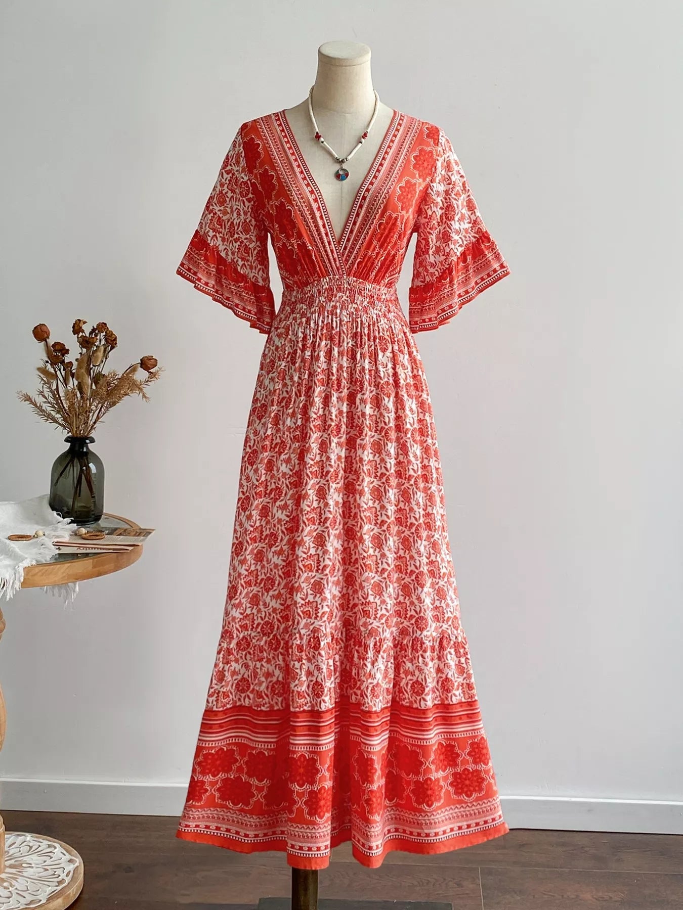 Floral Deep V - Neck Dress - MAD RUFFI