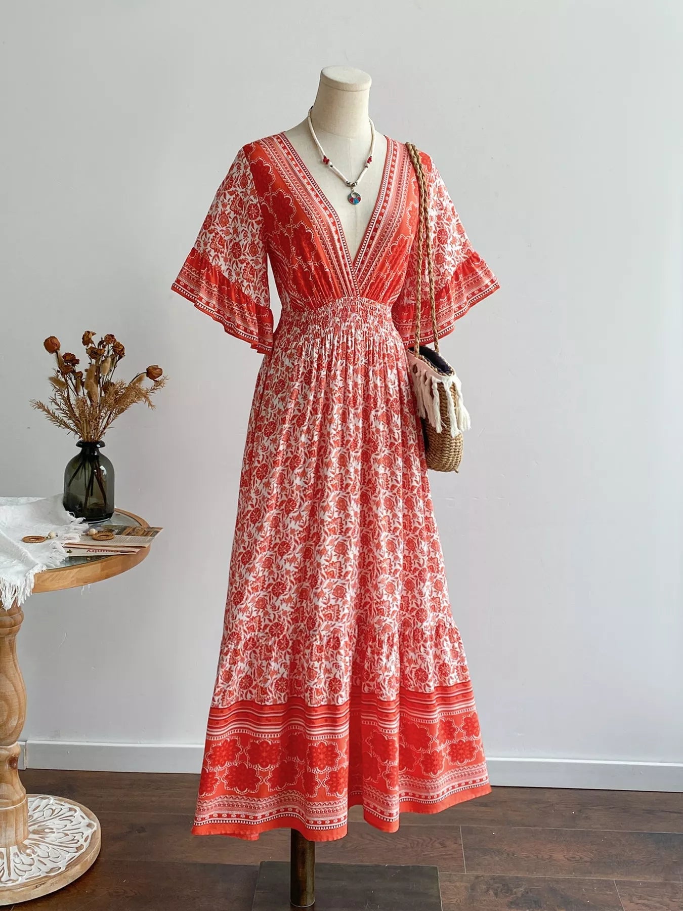 Floral Deep V - Neck Dress - MAD RUFFI