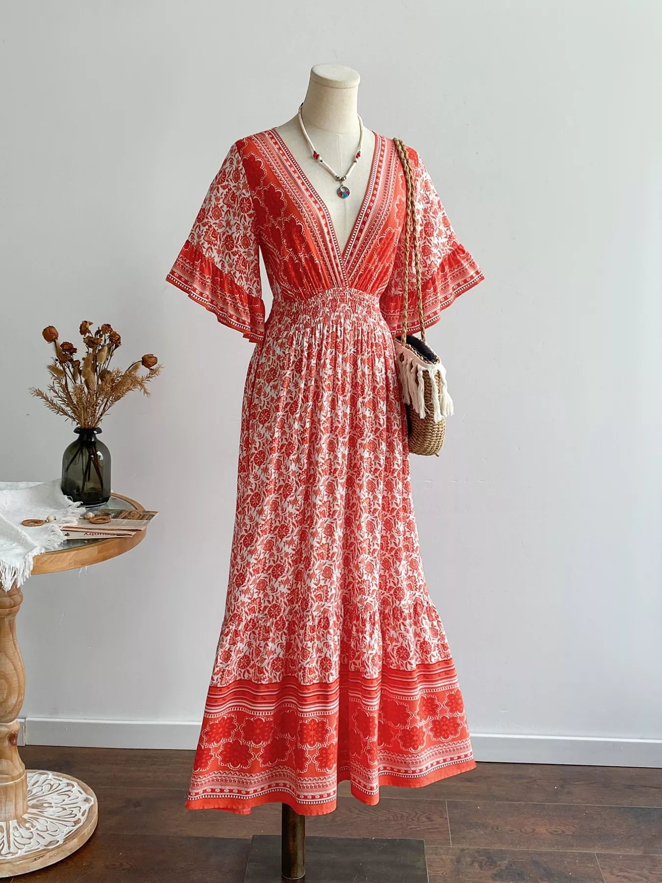 Floral Deep V - Neck Dress - MAD RUFFI