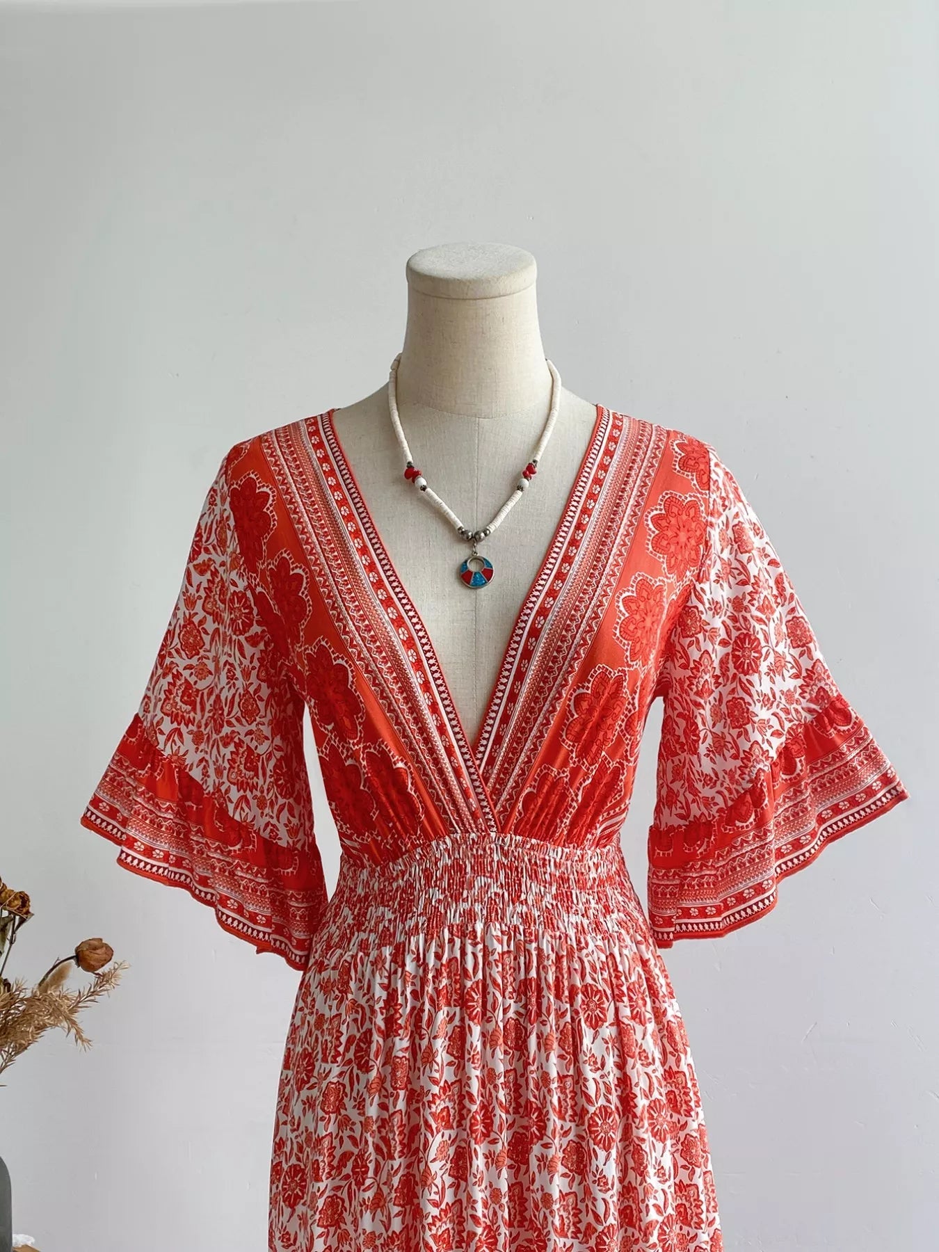 Floral Deep V - Neck Dress - MAD RUFFI