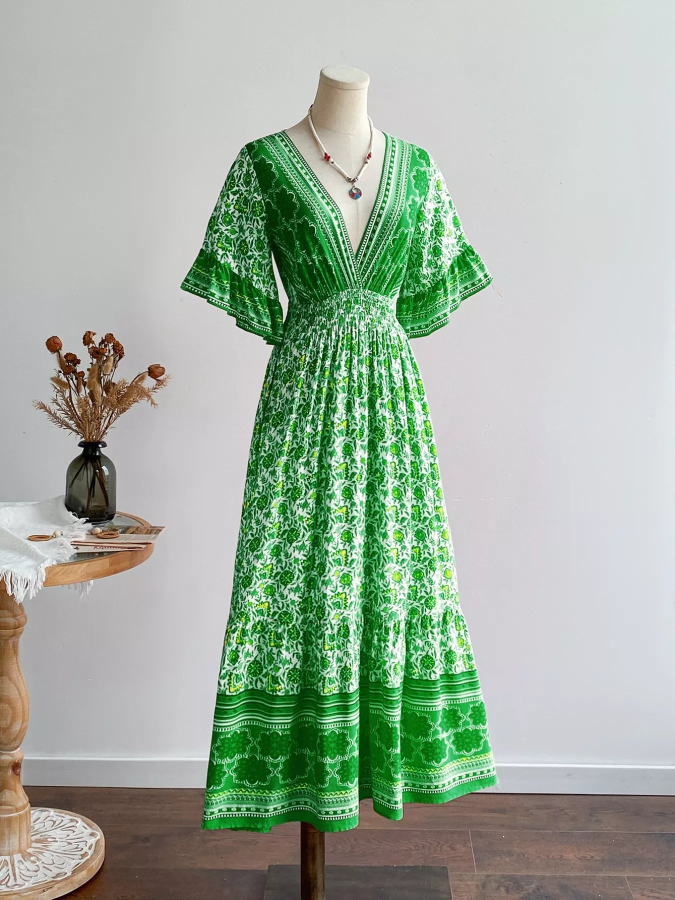 Floral Deep V - Neck Flutter Sleeves Dress - MAD RUFFI