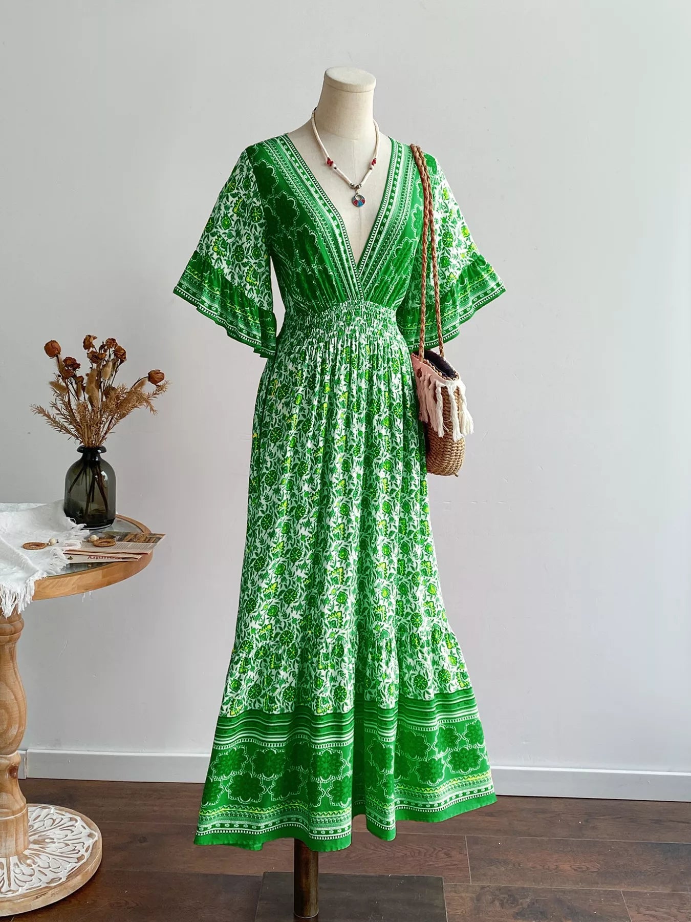 Floral Deep V - Neck Flutter Sleeves Dress - MAD RUFFI