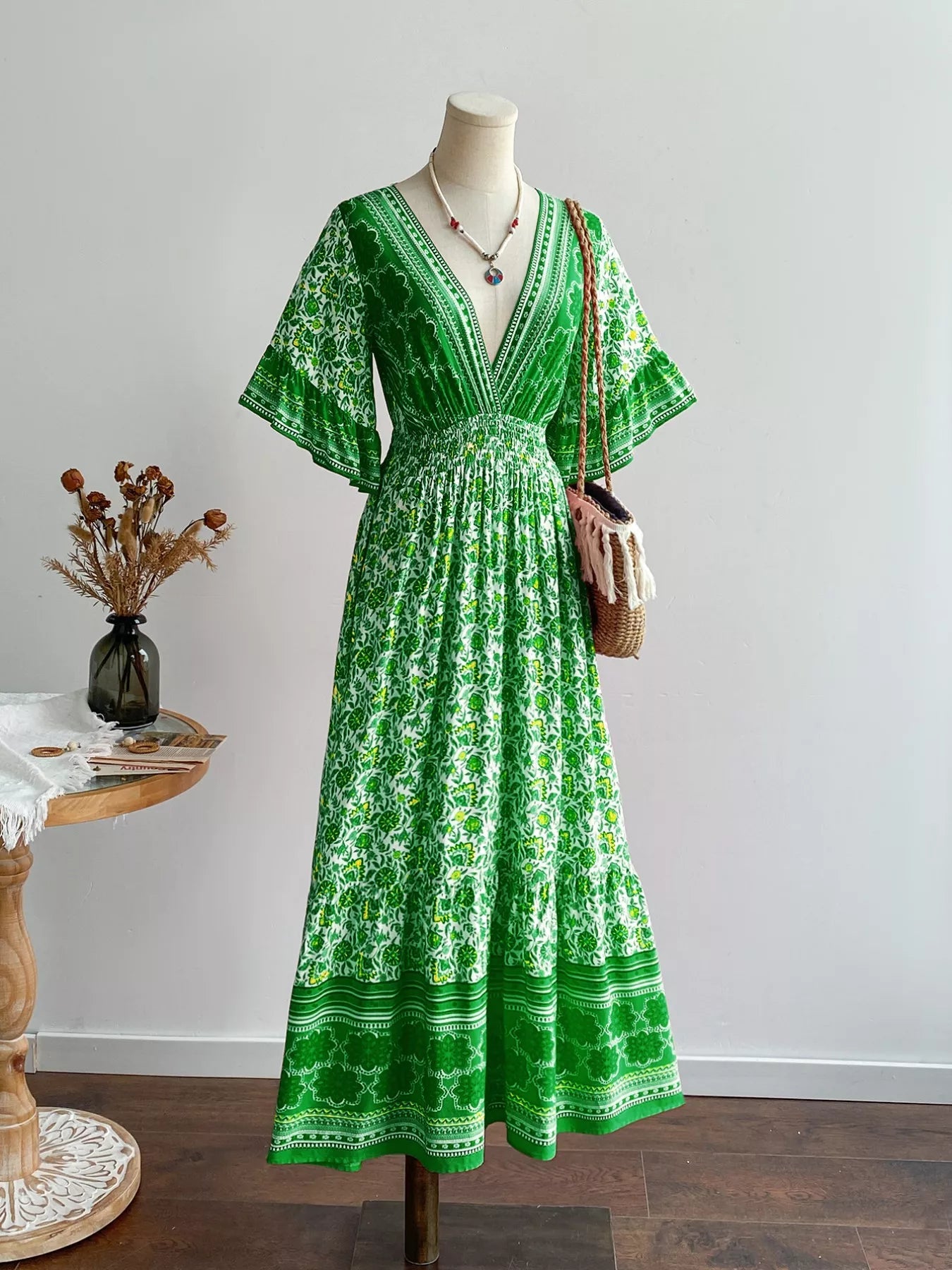 Floral Deep V - Neck Flutter Sleeves Dress - MAD RUFFI