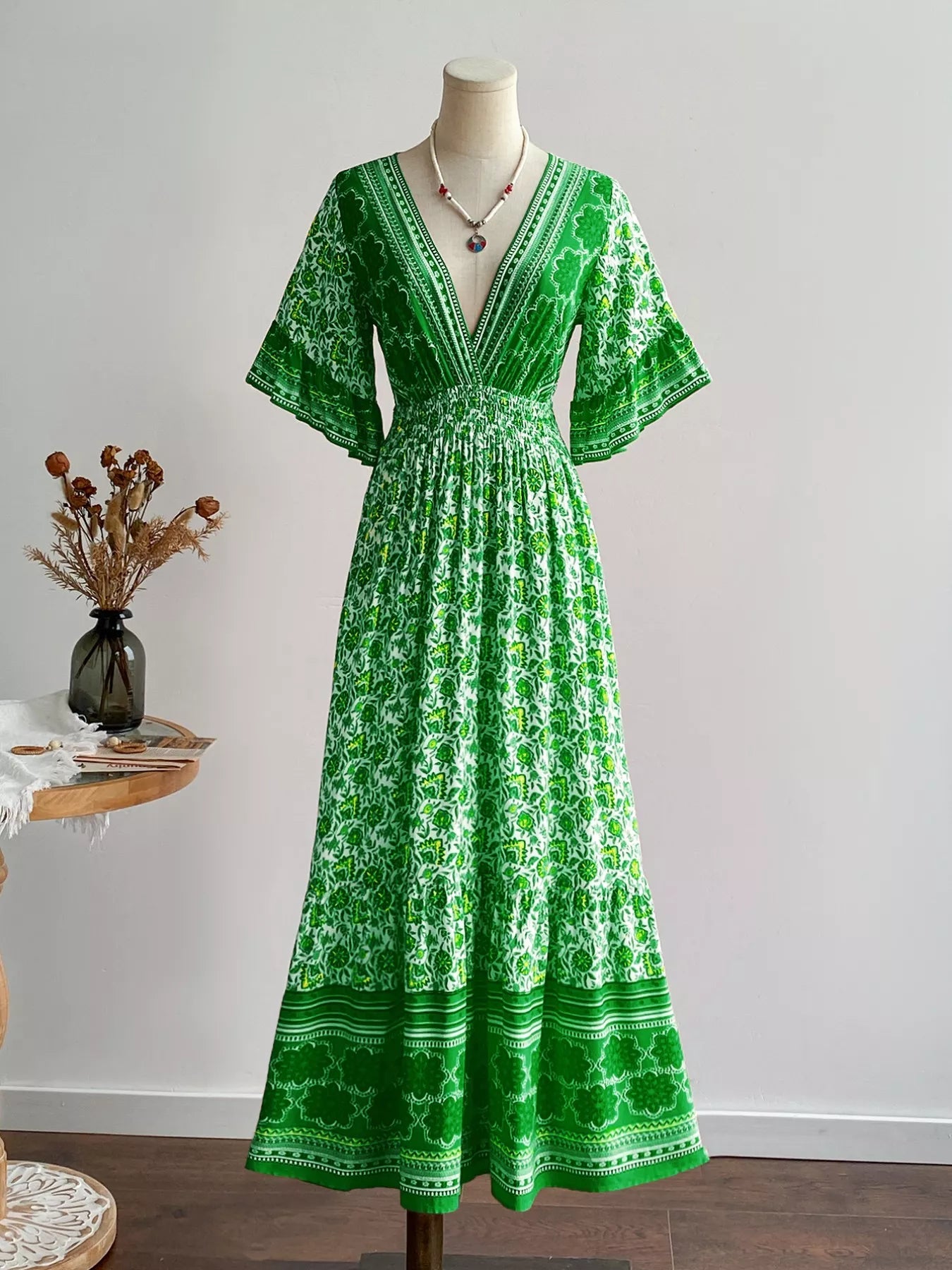 Floral Deep V - Neck Flutter Sleeves Dress - MAD RUFFI