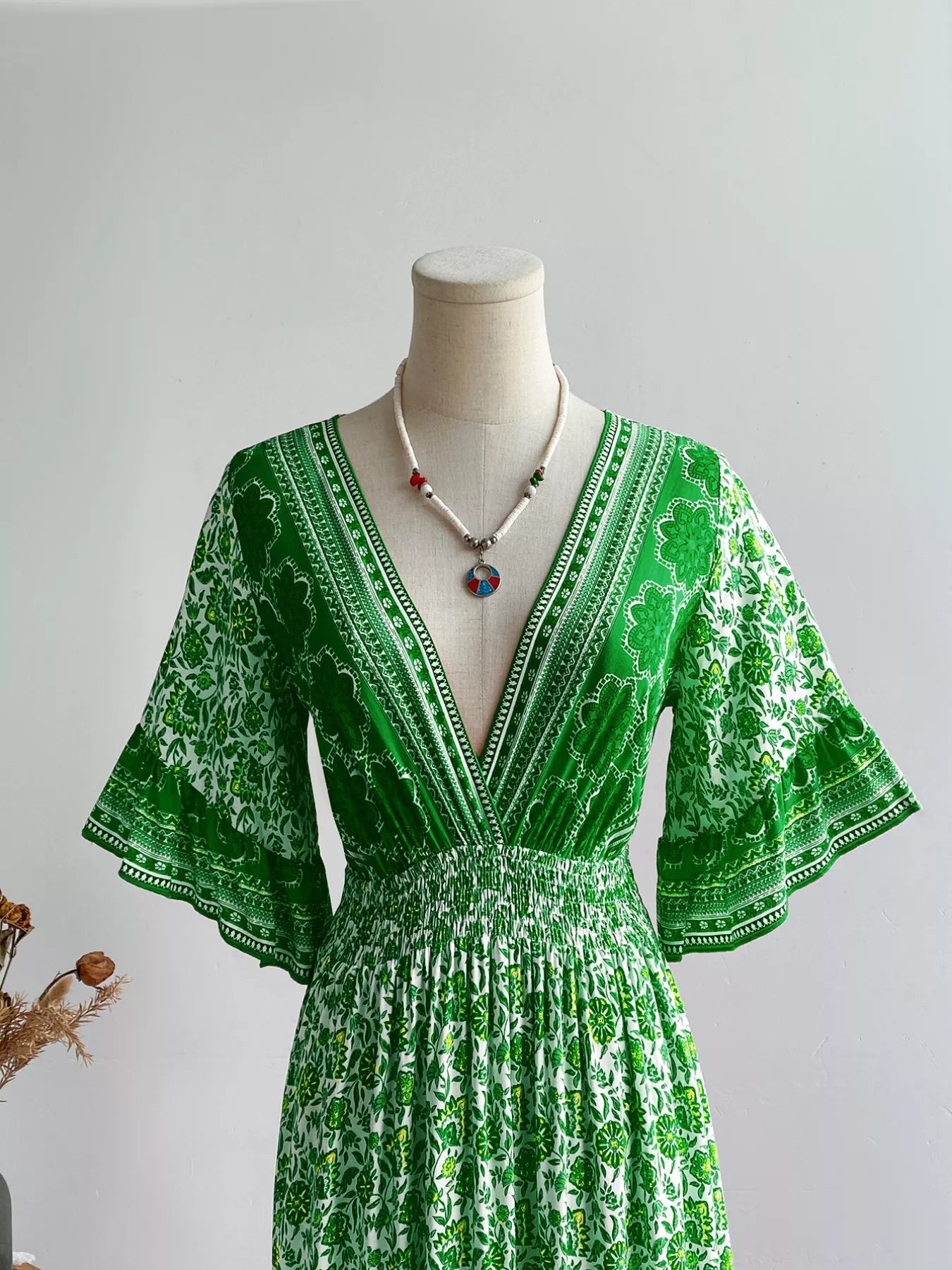 Floral Deep V - Neck Flutter Sleeves Dress - MAD RUFFI