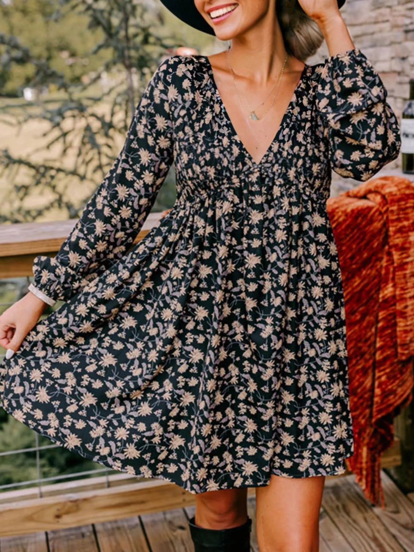 Floral Deep V Neck Smocked Bust Bubble Sleeve Babydoll Dress - MAD RUFFI