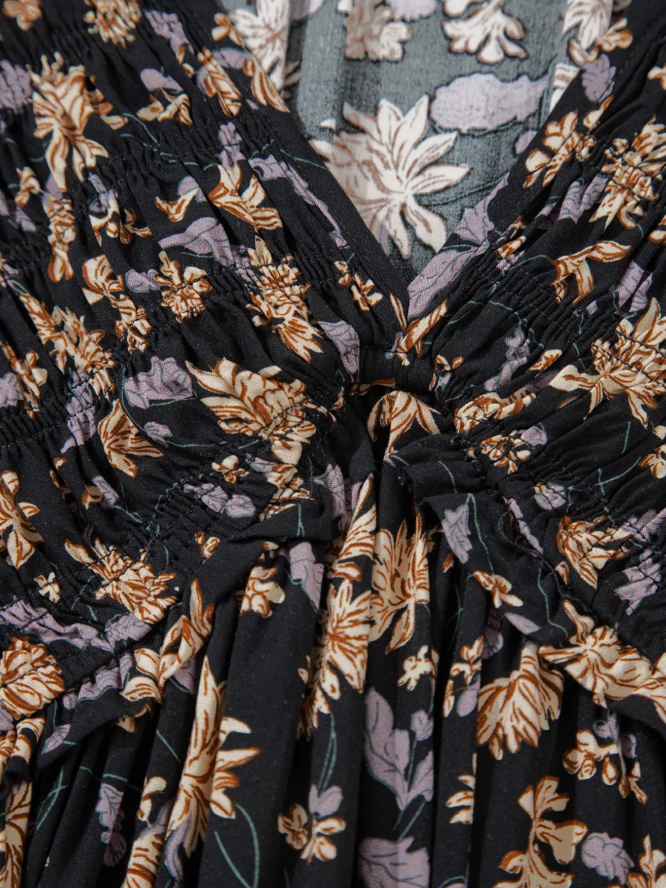 Floral Deep V Neck Smocked Bust Bubble Sleeve Babydoll Dress - MAD RUFFI