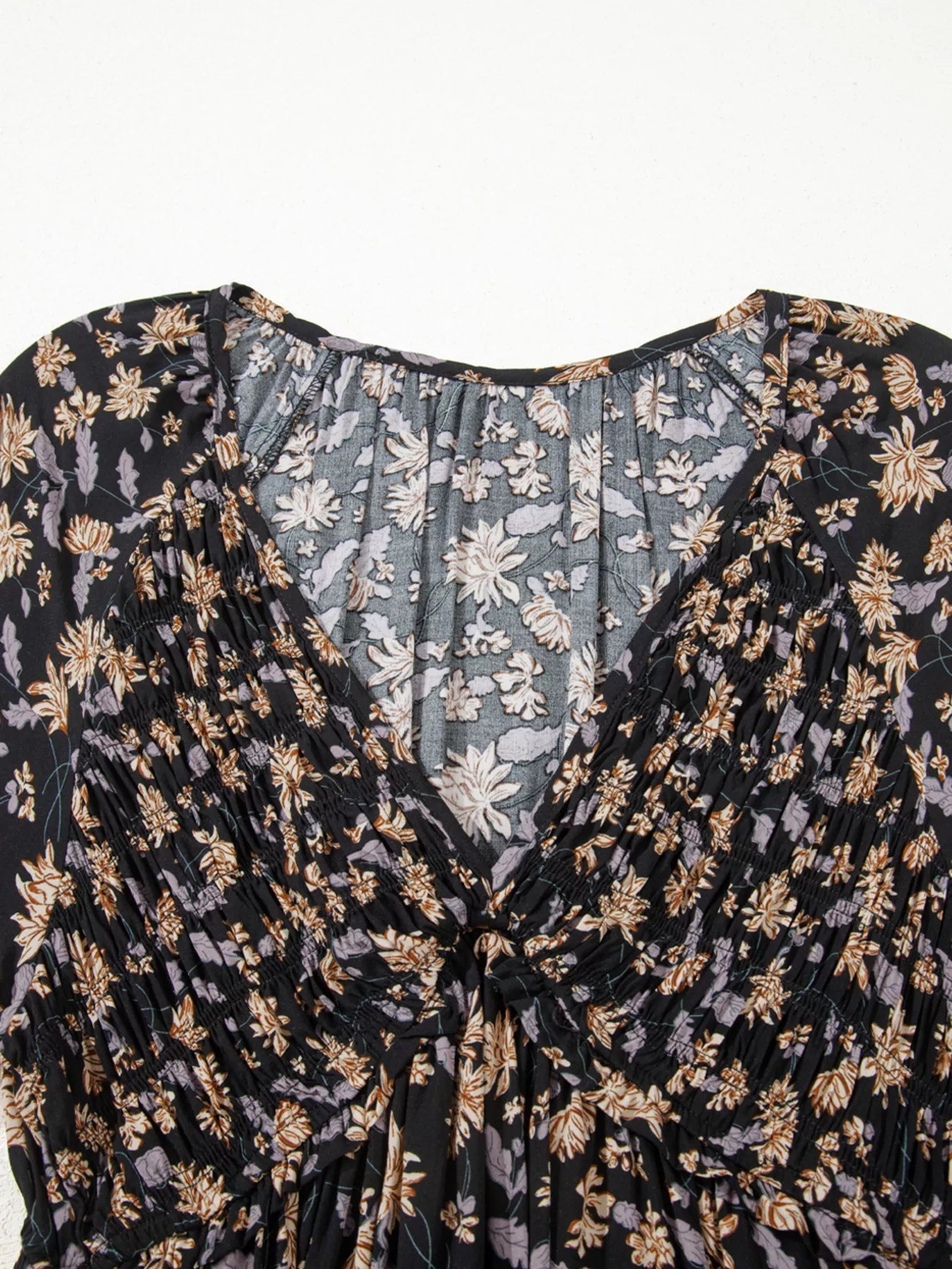 Floral Deep V Neck Smocked Bust Bubble Sleeve Babydoll Dress - MAD RUFFI