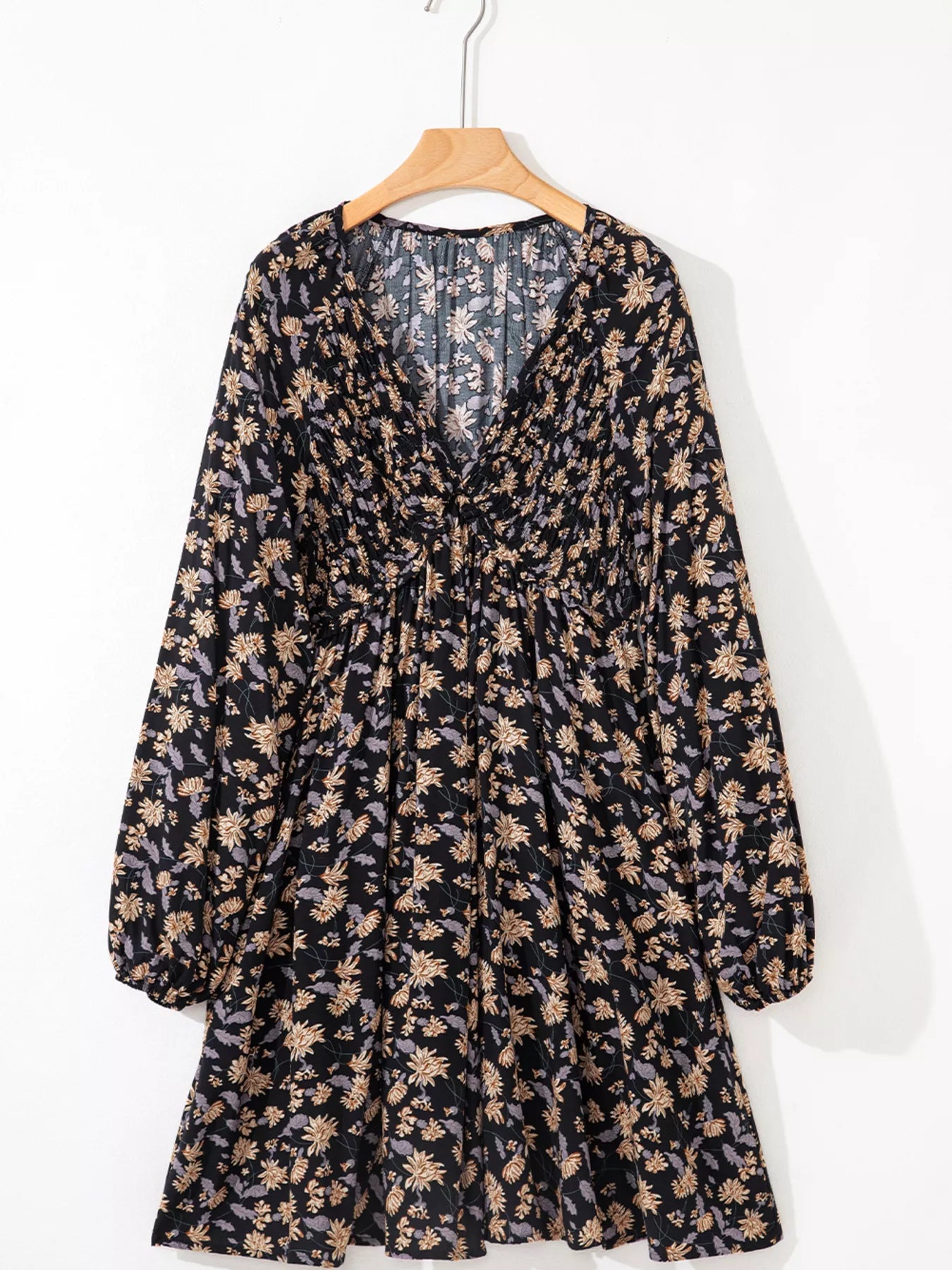 Floral Deep V Neck Smocked Bust Bubble Sleeve Babydoll Dress - MAD RUFFI