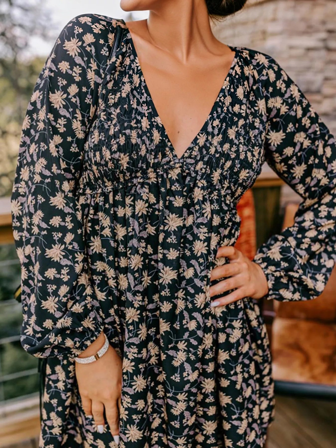 Floral Deep V Neck Smocked Bust Bubble Sleeve Babydoll Dress - MAD RUFFI