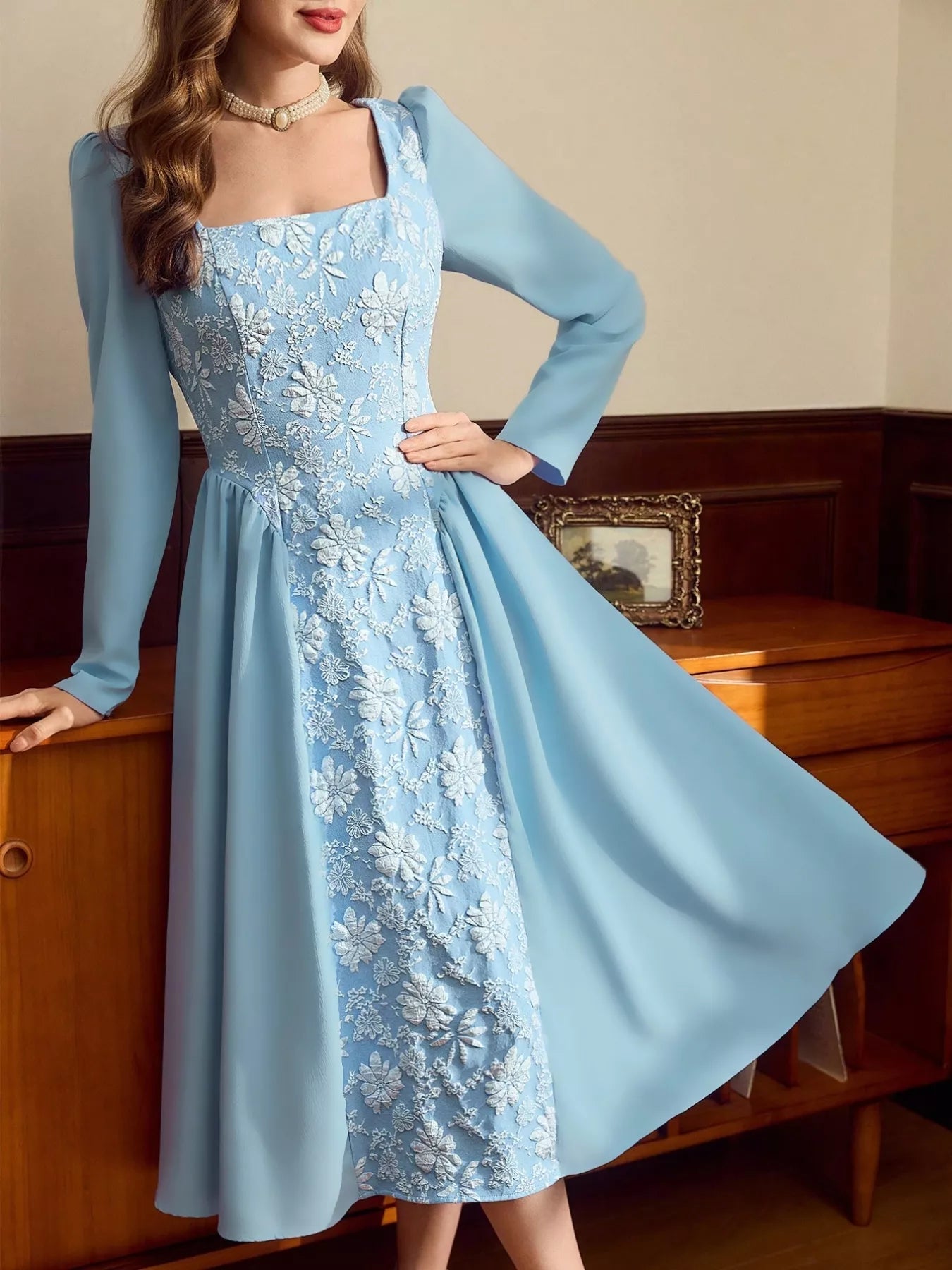Floral Embroidered Long Sleeve A - Line Dress - MAD RUFFI