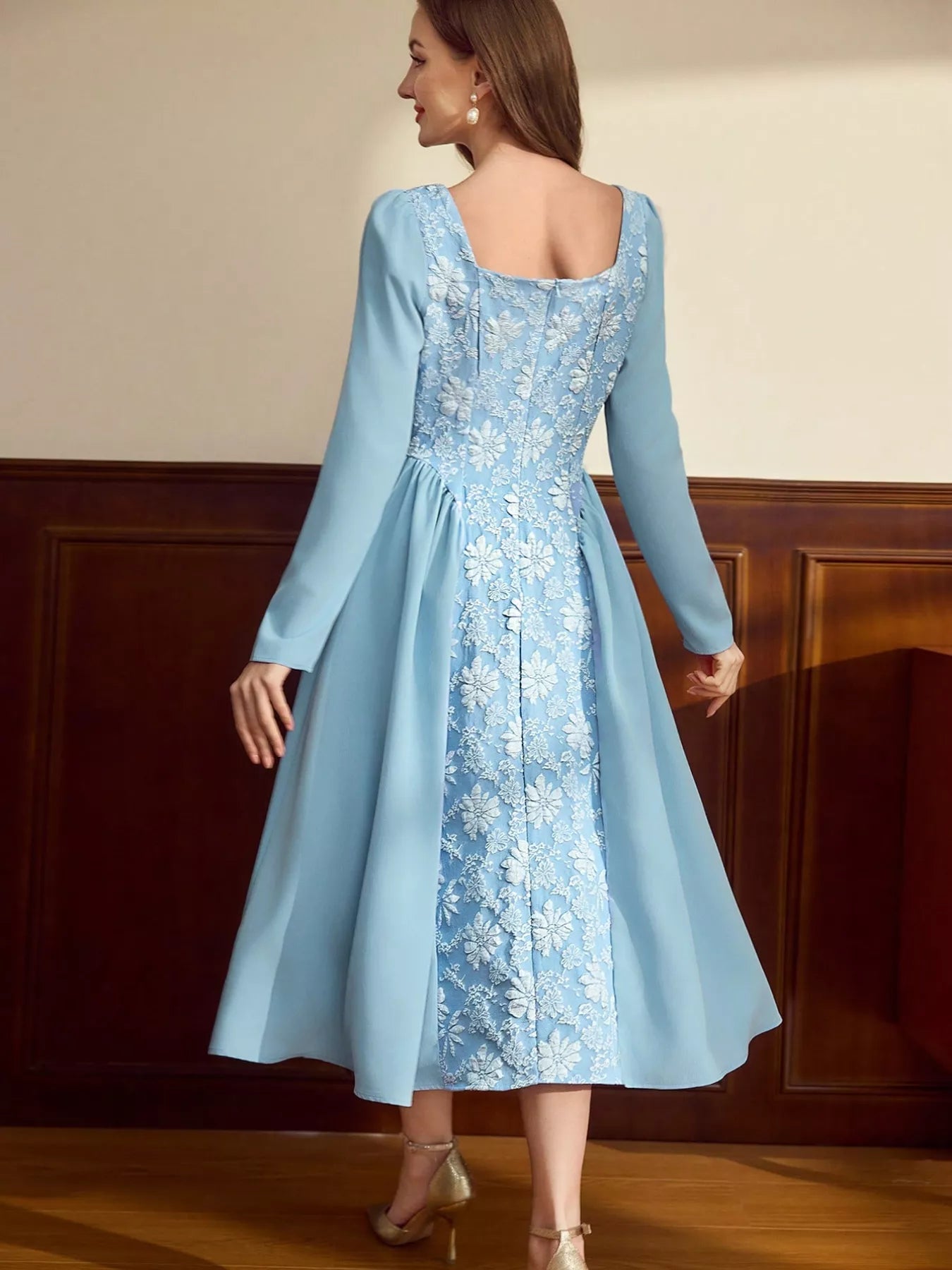 Floral Embroidered Long Sleeve A - Line Dress - MAD RUFFI